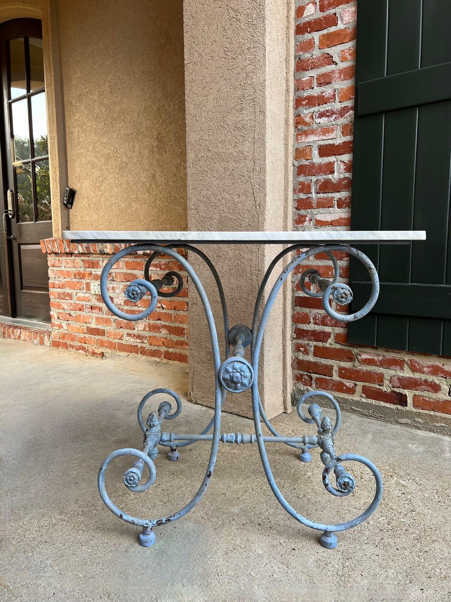 French Provincial Antique French Pastry Baker’s Table Blue Iron White Marble Small Kitchen Island For Sale
