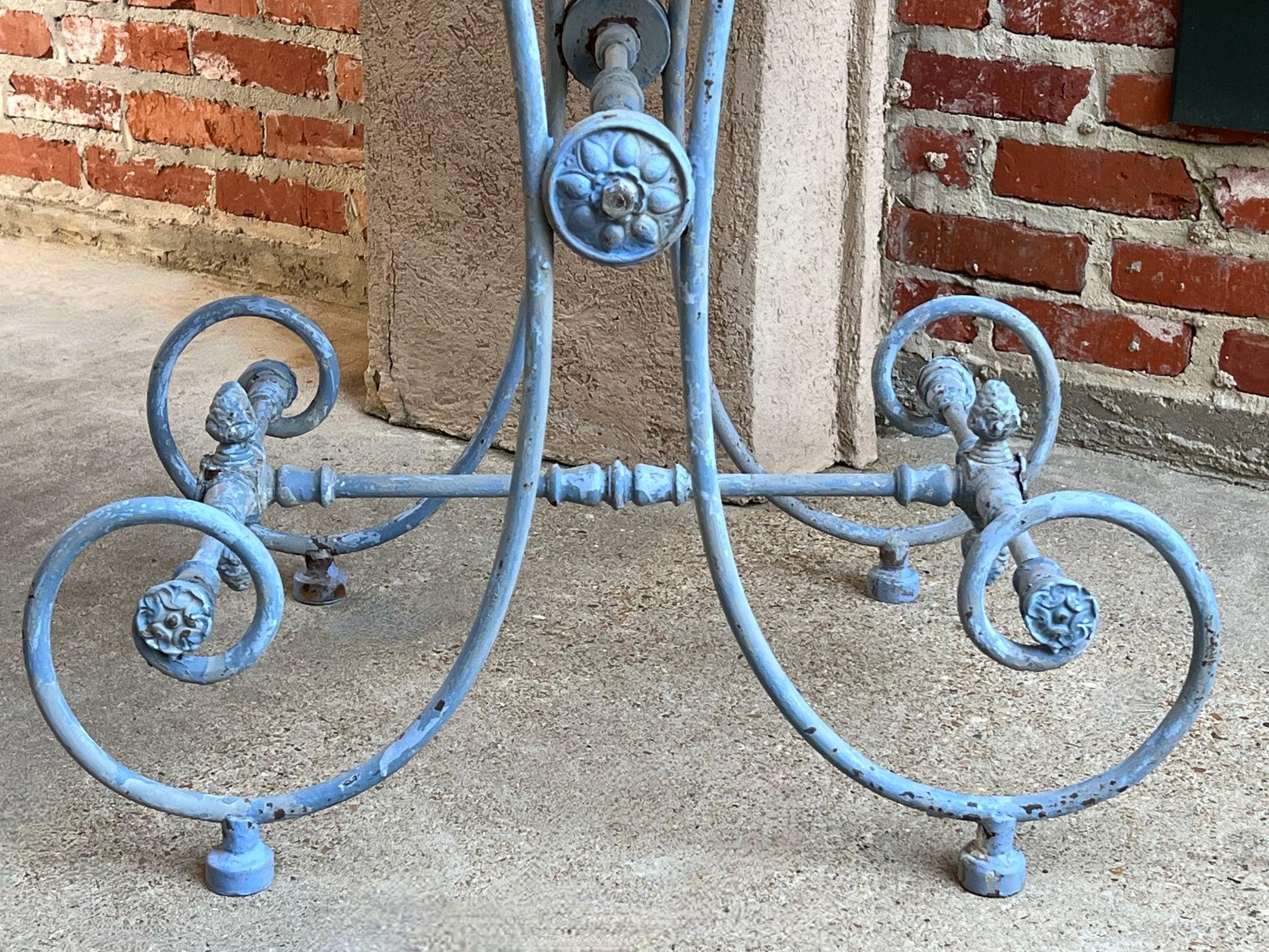 Antique French Pastry Baker’s Table Blue Iron White Marble Small Kitchen Island In Good Condition For Sale In Shreveport, LA
