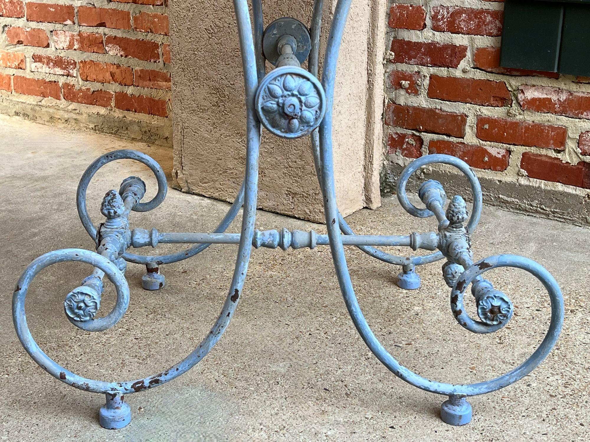19th Century Antique French Pastry Baker’s Table Blue Iron White Marble Small Kitchen Island For Sale