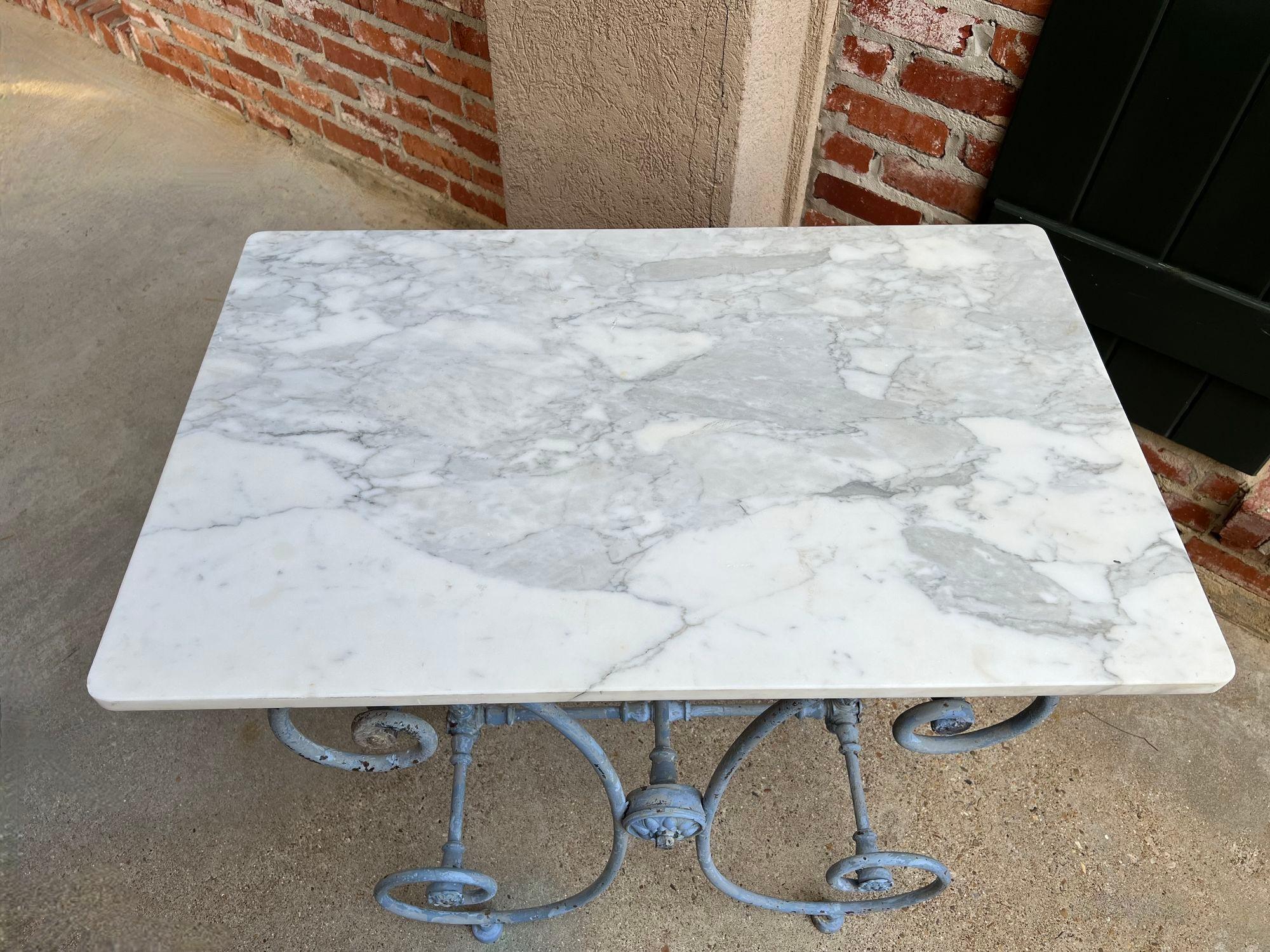Antique French Pastry Baker’s Table Blue Iron White Marble Small Kitchen Island For Sale 1