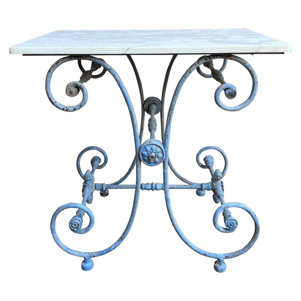 Antique French Pastry Baker’s Table Blue Iron White Marble Small Kitchen Island