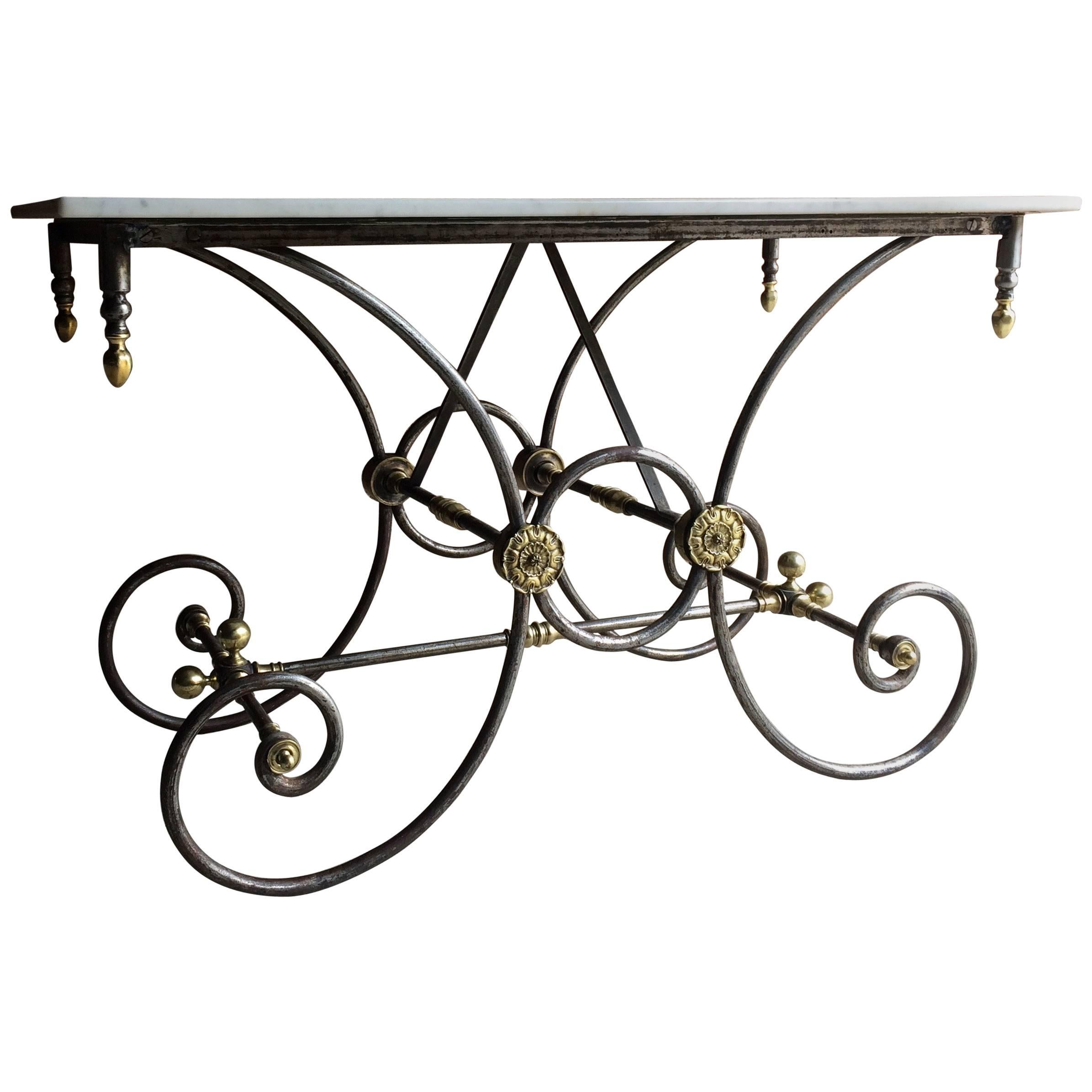 Antique table de pâtisserie française à dessus en marbre:: grande boucherie 19ème siècle Victorien
