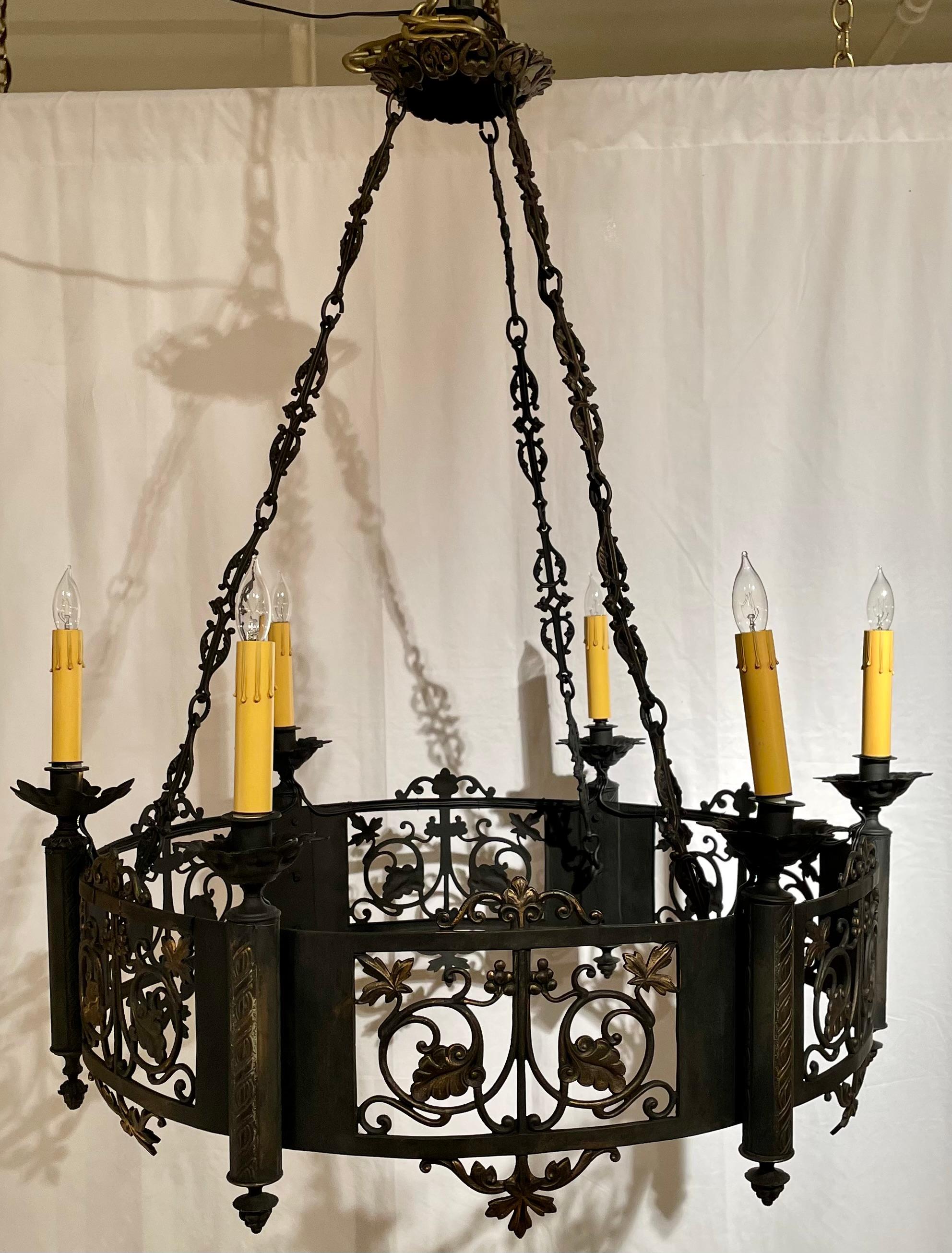 Antique French Patinated Bronze 6 Light Chandelier, Circa 1885. In Good Condition For Sale In New Orleans, LA