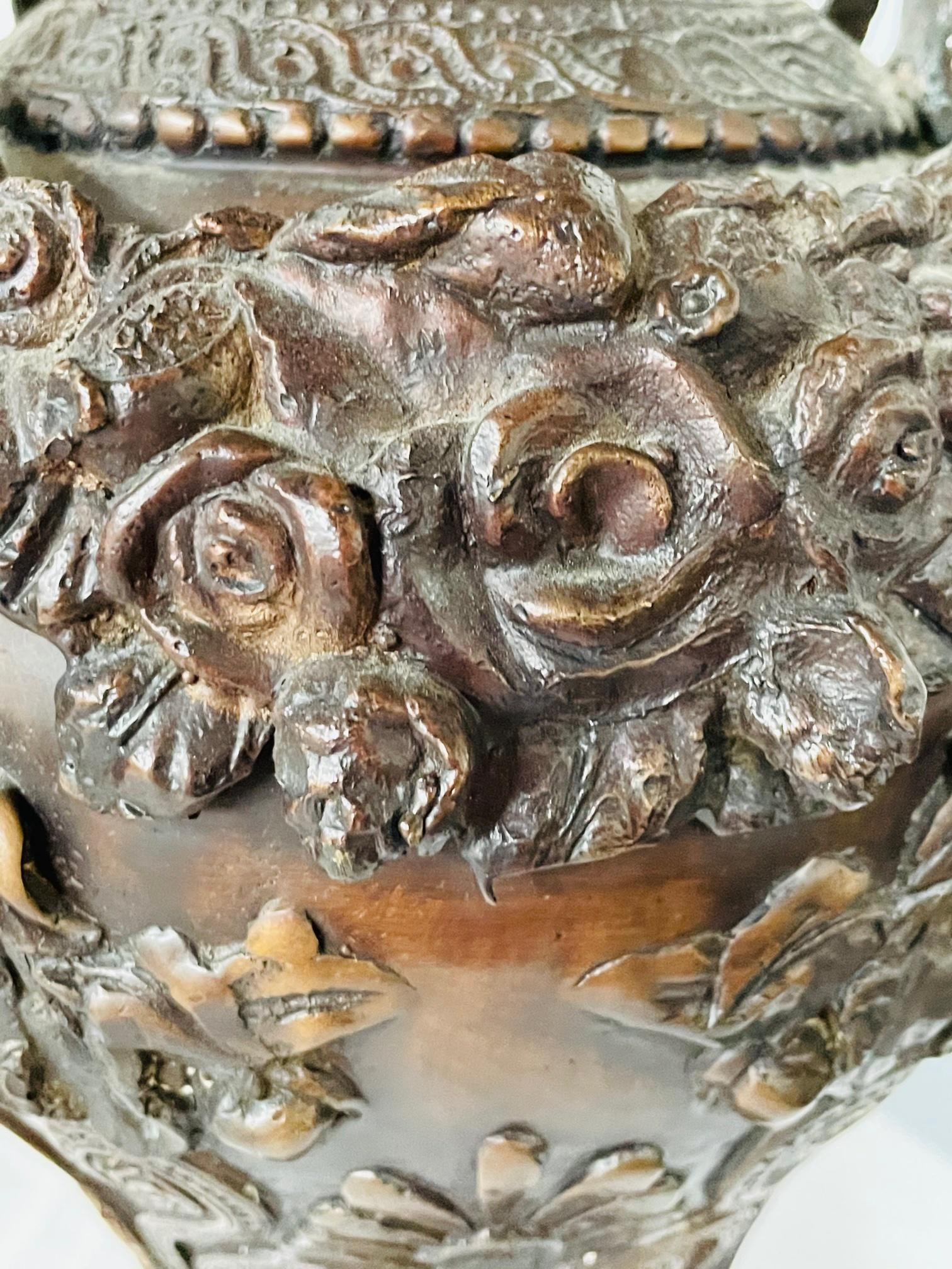 19th Century Antique French Patinated Bronze Floral Design Urn or planter, a Pair