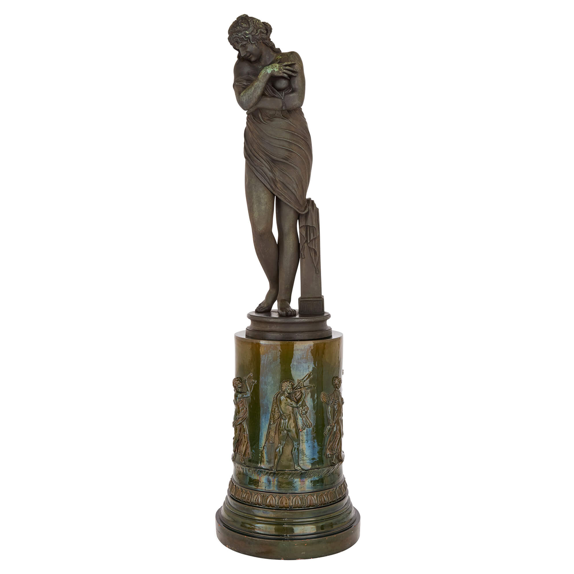 Antique French Patinated Bronze Majolica Sculpture Female Pedestal F.A. Gadaix