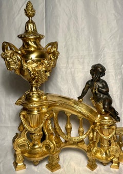 Chenets ou chenets chérubins français anciens en bronze patiné et or, vers 1870