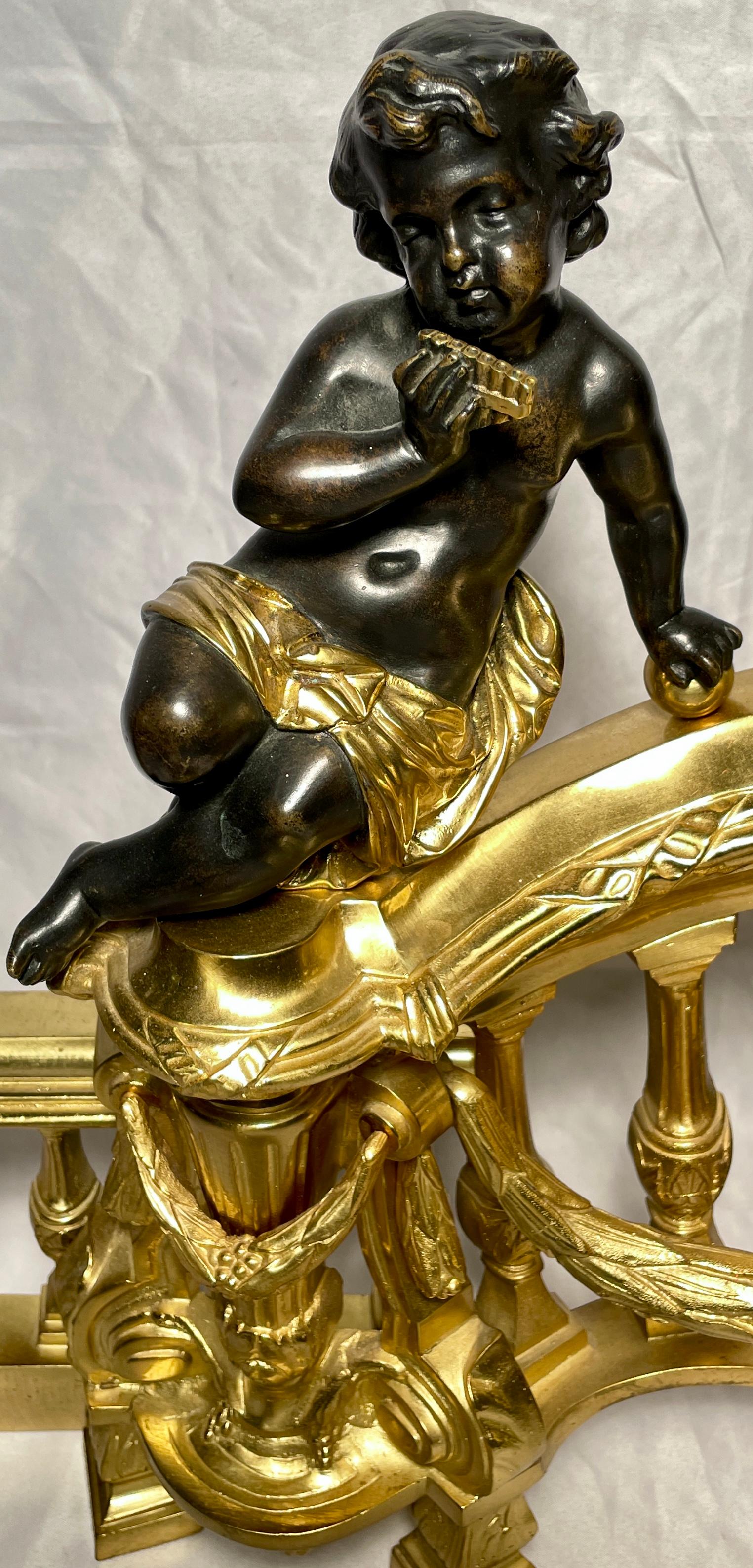 Antique French Patinated & Gold Bronze Cherub Chenets or Andirons, Circa 1870 For Sale 1