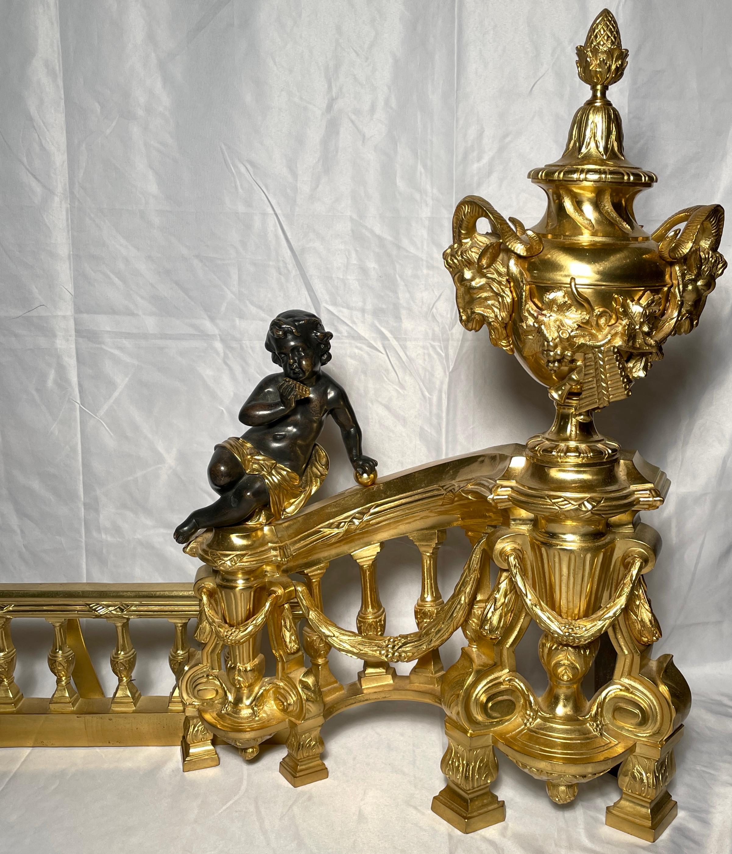 Antique French Patinated & Gold Bronze Cherub Chenets or Andirons, Circa 1870 For Sale 2