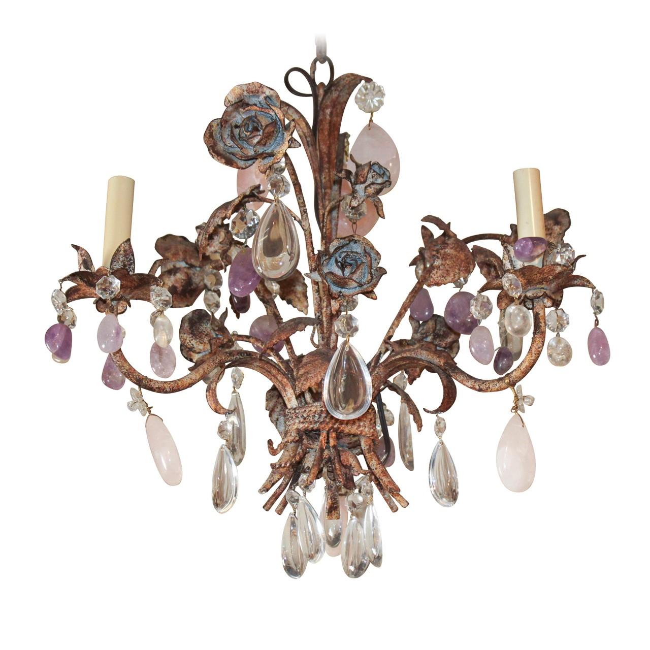 Antique French Patinated Iron and Crystal Chandelier