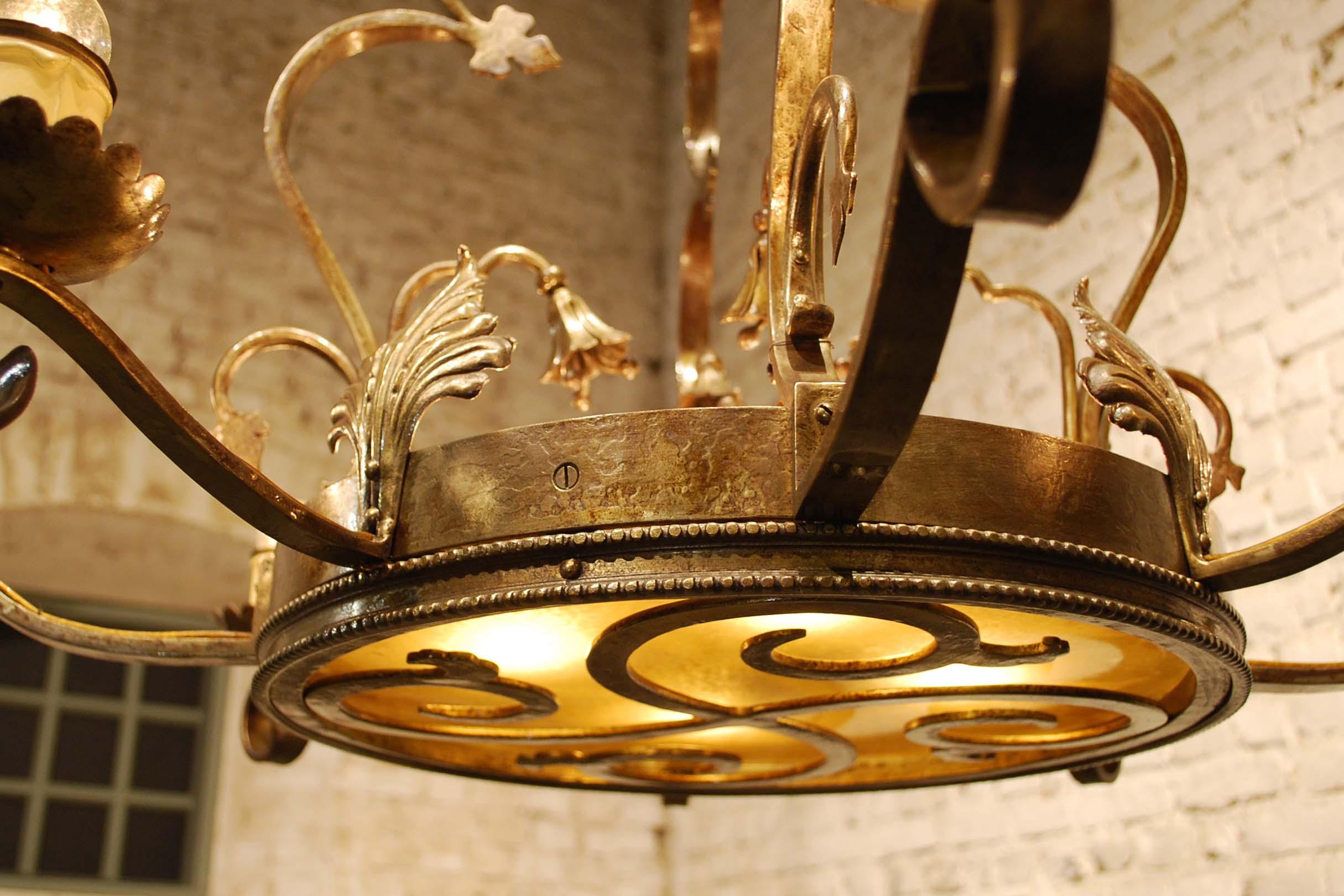 Glass Antique French Patinated Wrought Iron Arts & Crafts Arts Electric Chandelier