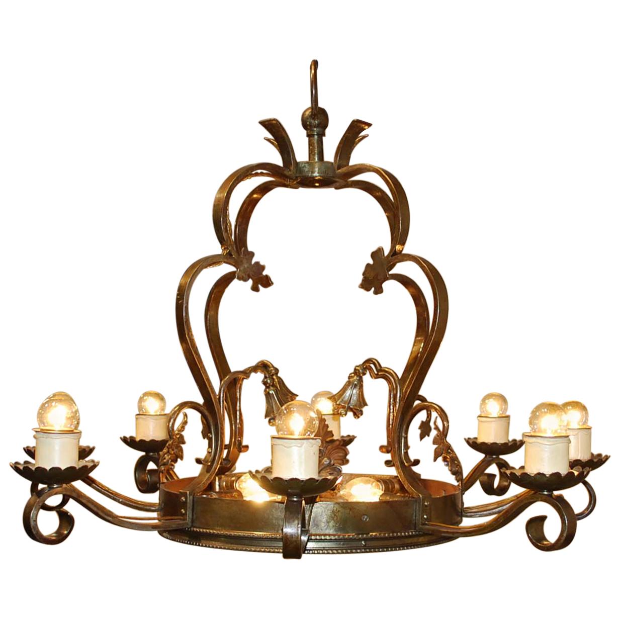 Antique French Patinated Wrought Iron Arts & Crafts Arts Electric Chandelier