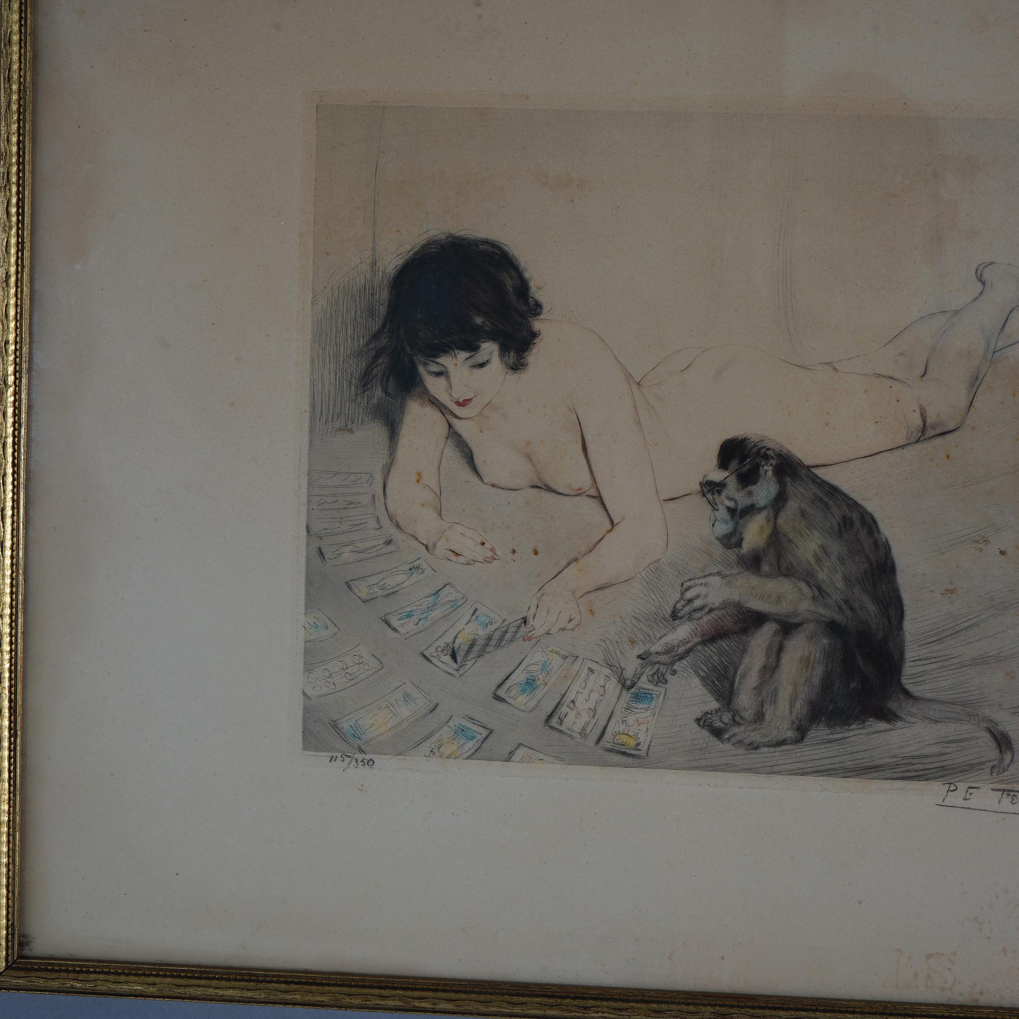 Antike Französisch P. E. Felix kolorierte Lithographie eines Aktes Spielkarten mit einem Affen signiert & nummeriert. Gerahmt und unter schützendem Plexiglas. C1920

Maße - 16 