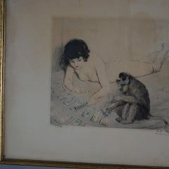 Antique French PE Felix Colored Lithograph of a Nude Playing Cards with a Monkey