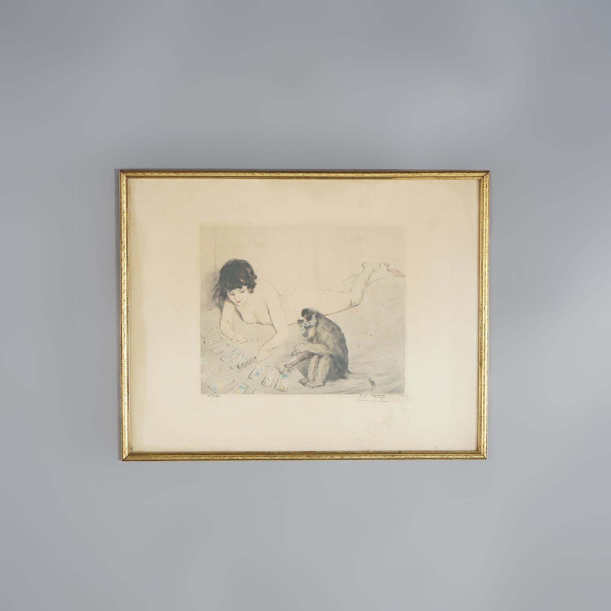 Antike französische PE Felix kolorierte Lithographie eines Aktes Spielkarten mit einem Affen (Arts and Crafts) im Angebot