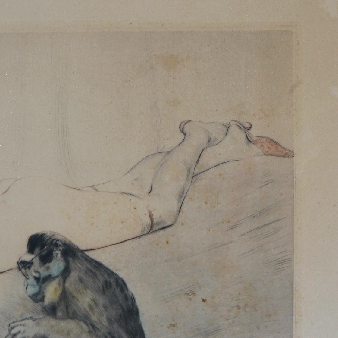 Antike französische PE Felix kolorierte Lithographie eines Aktes Spielkarten mit einem Affen im Zustand „Gut“ im Angebot in Big Flats, NY