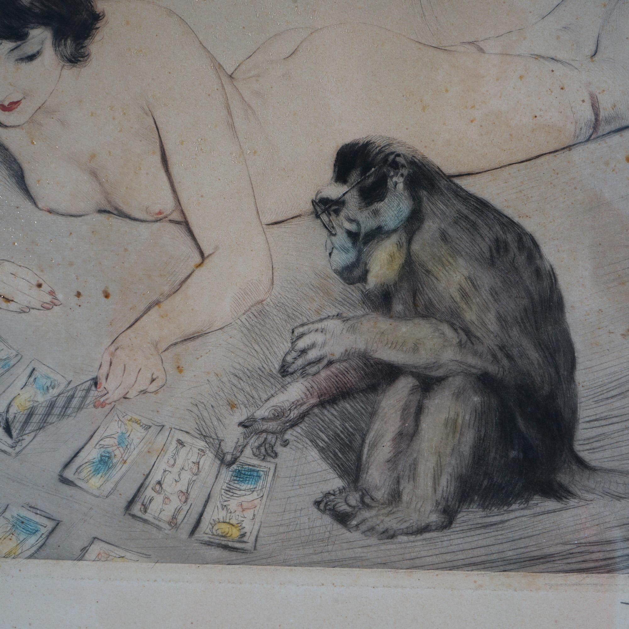 Antike französische PE Felix kolorierte Lithographie eines Aktes Spielkarten mit einem Affen im Angebot 1