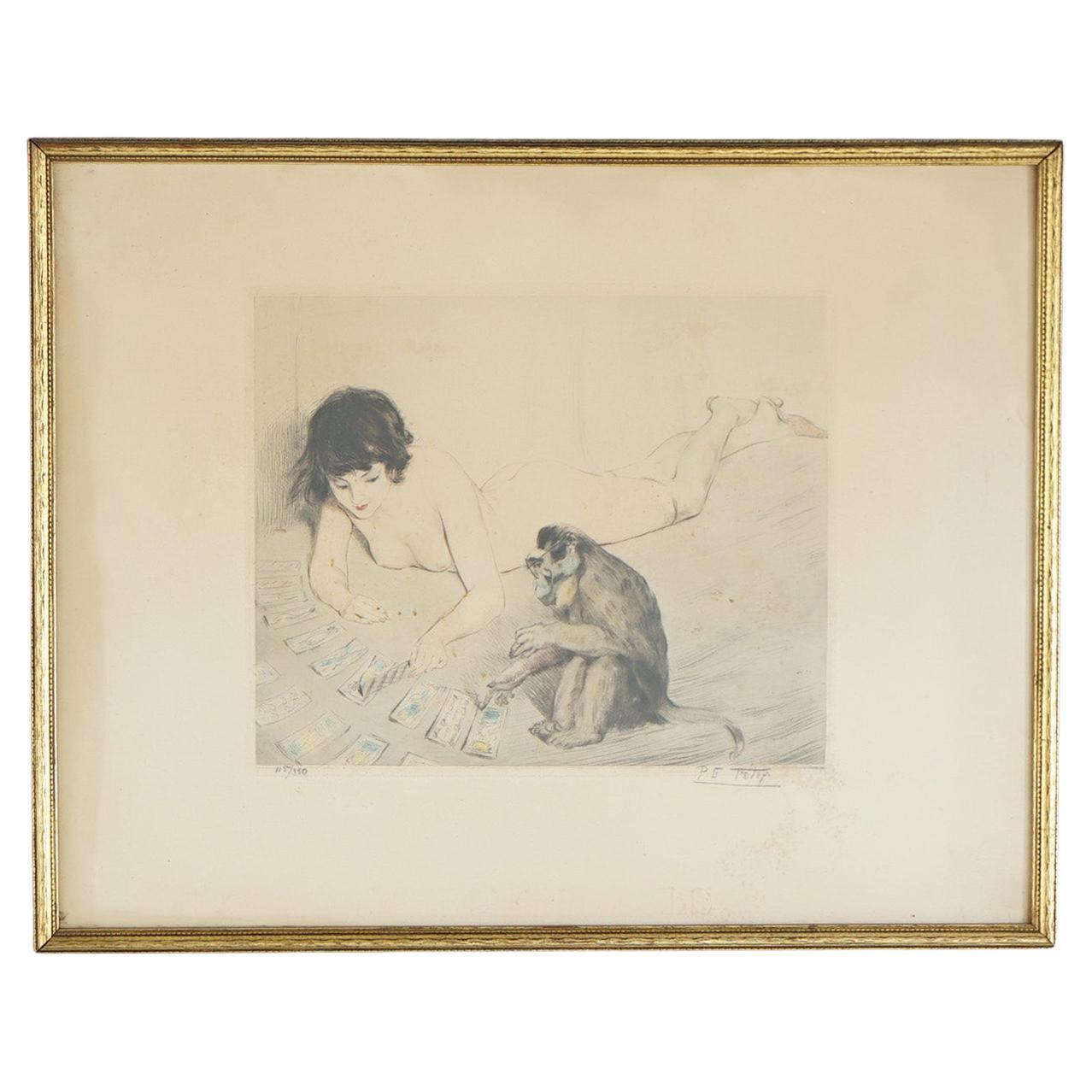 Antike französische PE Felix kolorierte Lithographie eines Aktes Spielkarten mit einem Affen im Angebot
