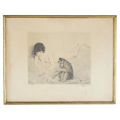 Antique French PE Felix Colored Lithograph of a Nude Playing Cards with a Monkey