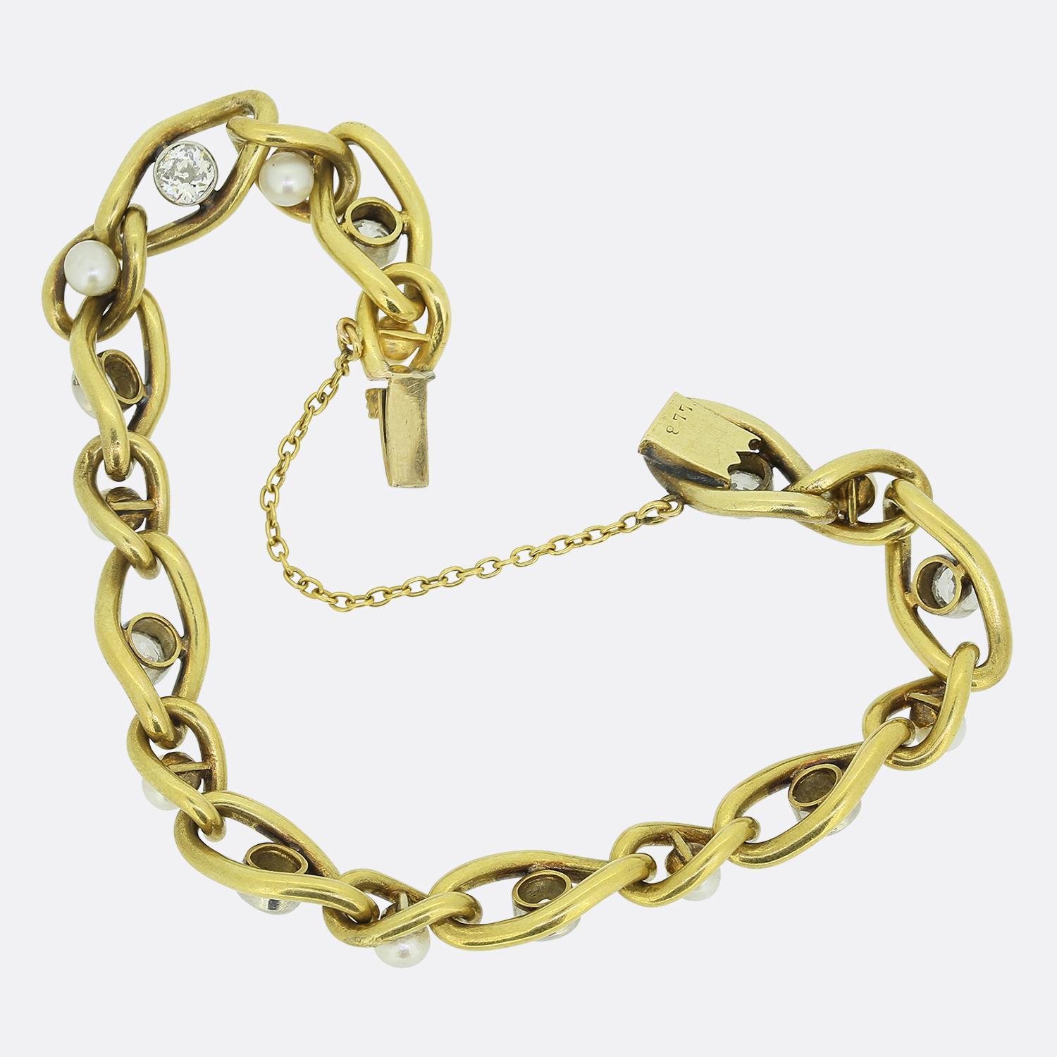 Old Mine Cut Antique French Pearl and Diamond Bracelet For Sale