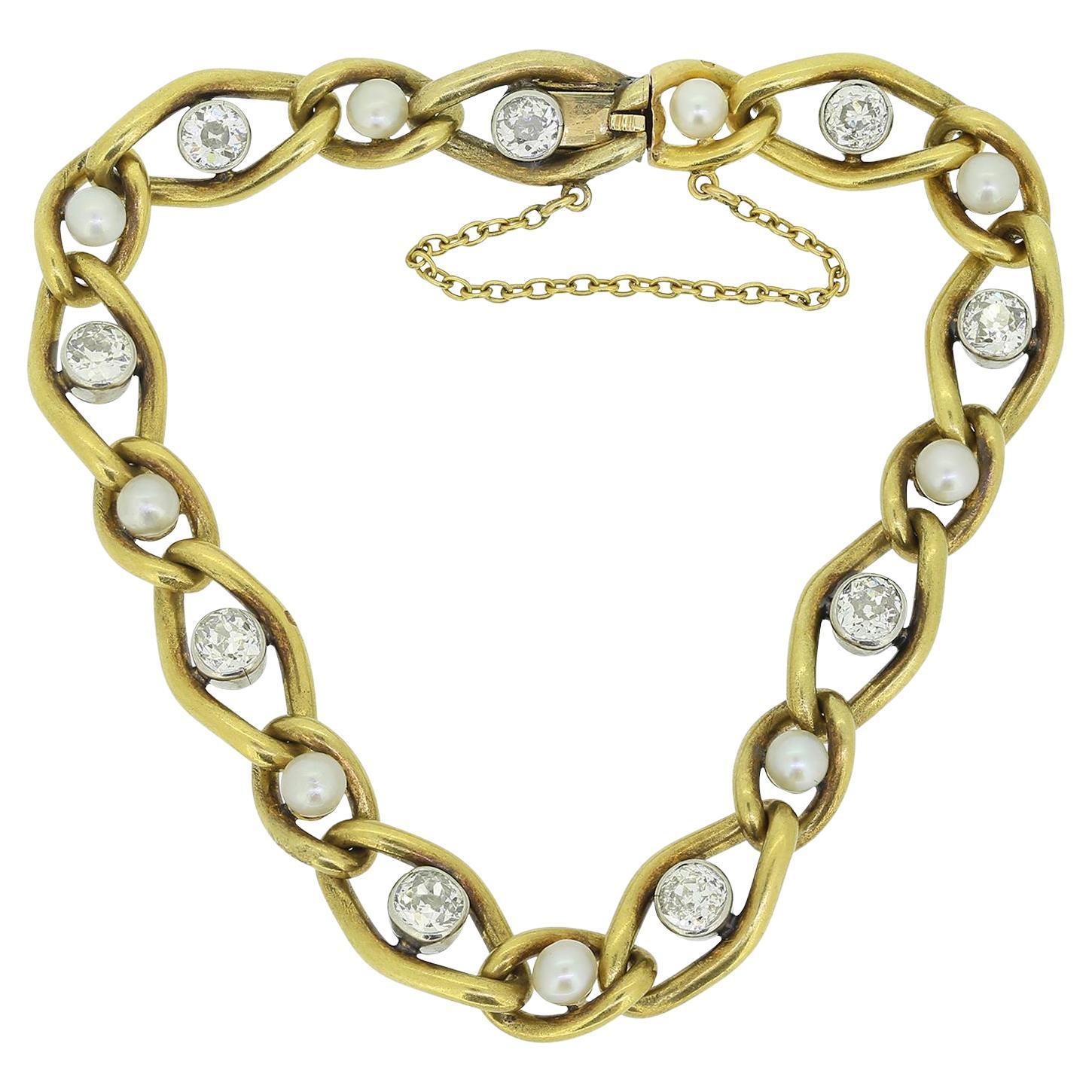 Antique French Pearl and Diamond Bracelet For Sale