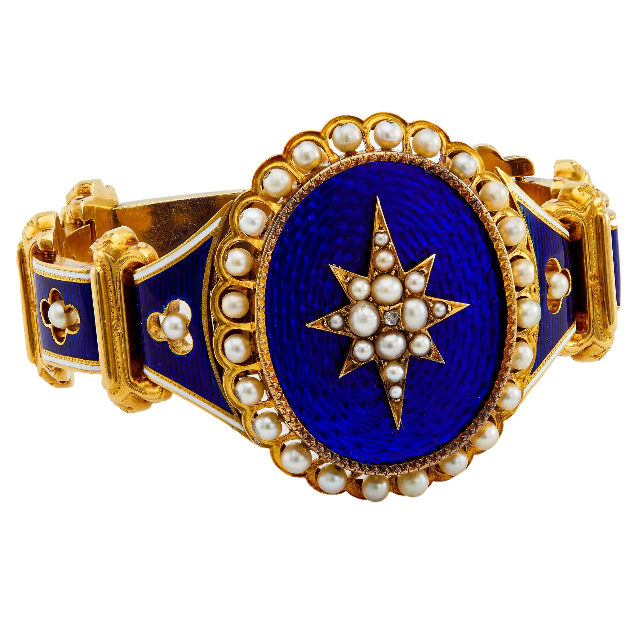 Women's or Men's Antique French Pearl Cobalt Blue Guilloche 18k Yellow Gold Link Bracelet