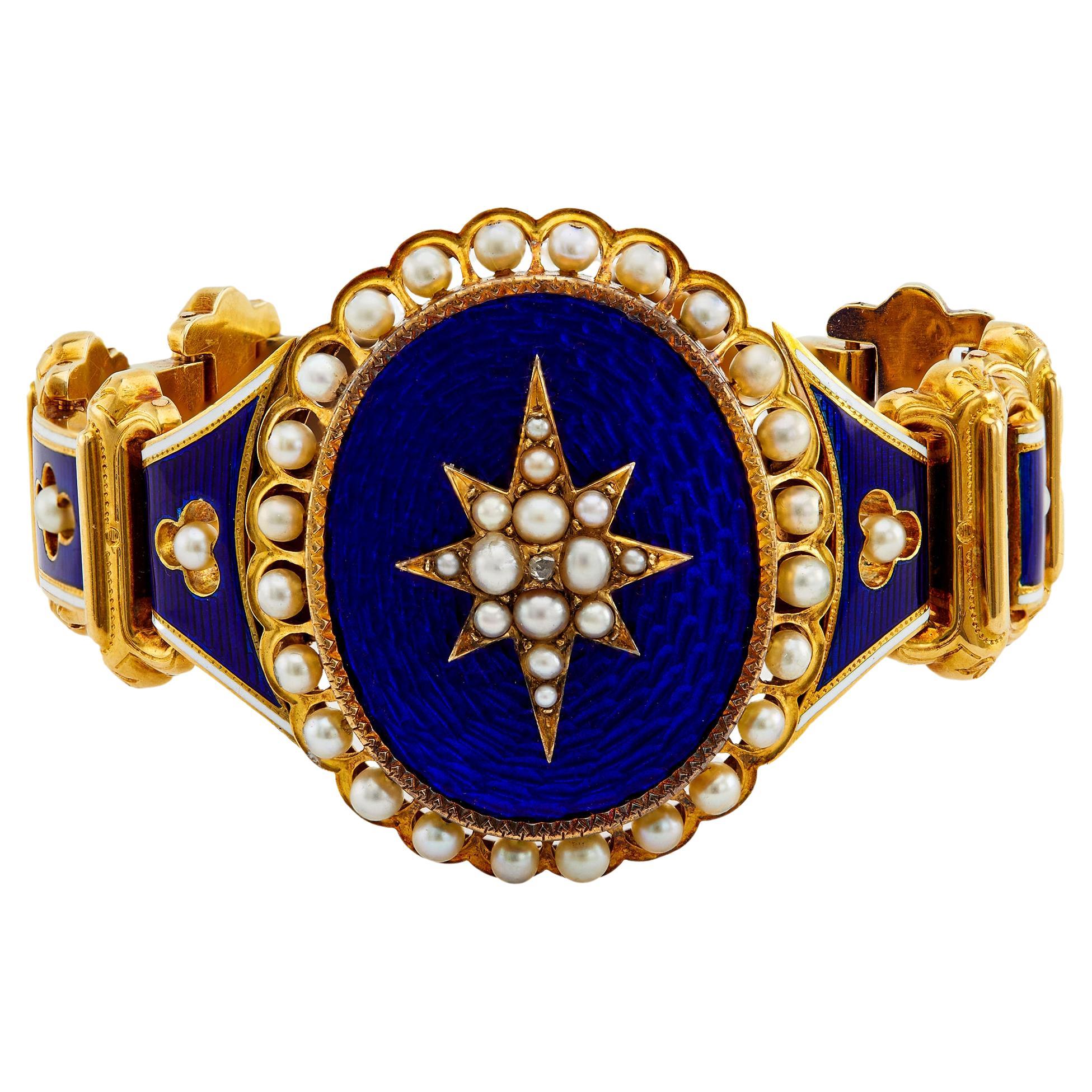Antique French Pearl Cobalt Blue Guilloche 18k Yellow Gold Link Bracelet