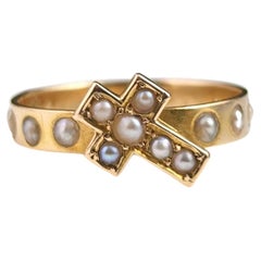 Antique French Pearl Cross Ring, 18k Yellow Gold, 19th Century