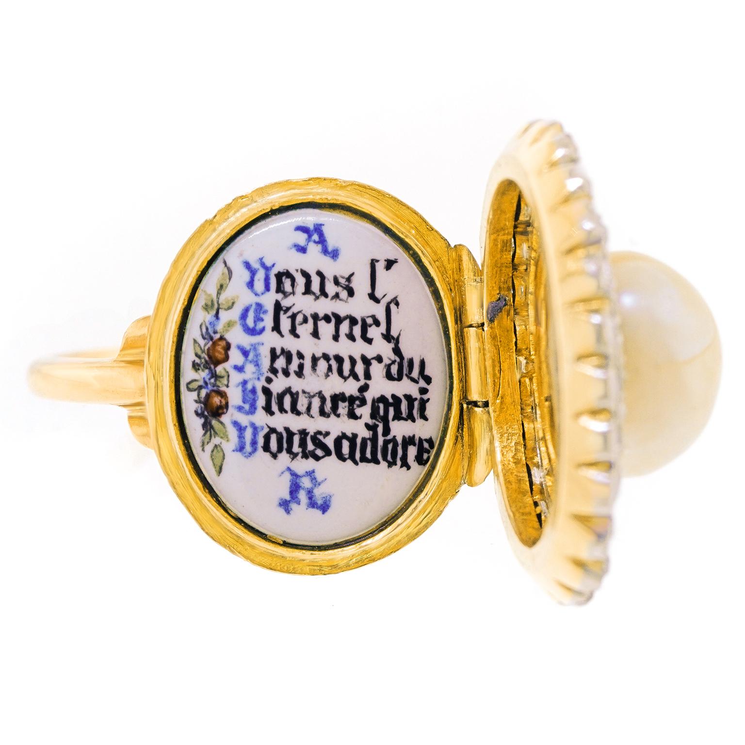 Round Cut Antique French Pearl Diamond and Enamel Adoration Ring For Sale