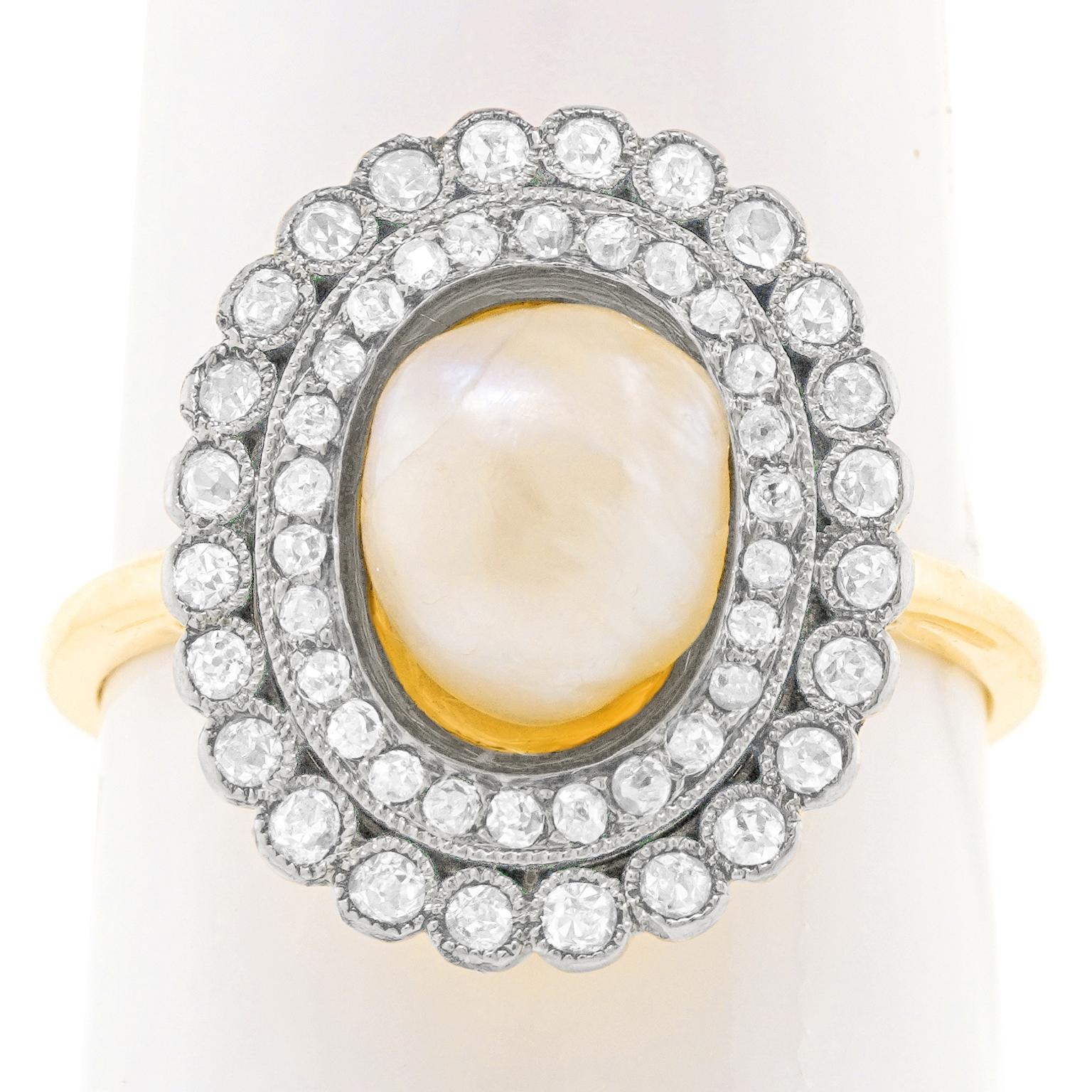 Antique French Pearl Diamond and Enamel Adoration Ring For Sale 1
