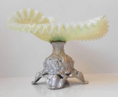 Antique French Pedestal Bowl in Opalescent Fluted Glass and Wrought Iron, 1900s