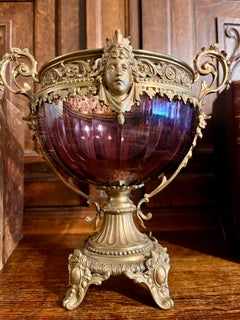 Antique French Pedestal Compote Amethyst Glass Gilt Bronze Mounts Figural Faces