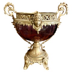 Antique French Pedestal Compote Amethyst Glass Gilt Bronze Mounts Figural Faces