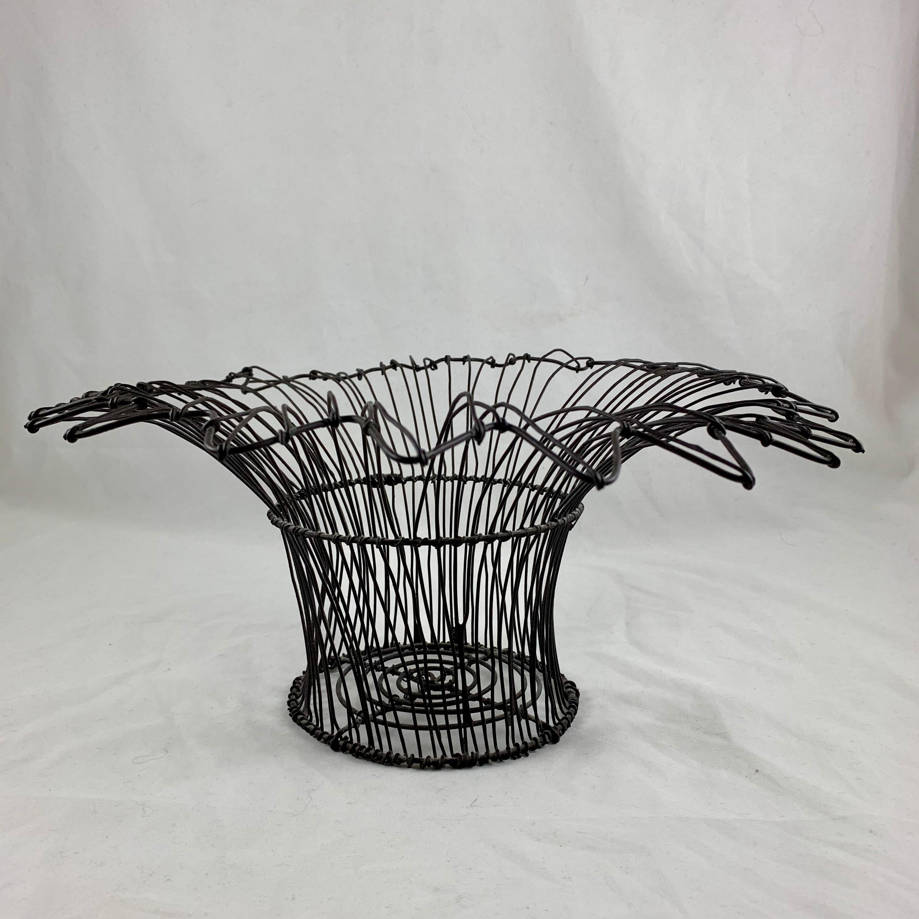 19th Century French Pedestal Petal Top Handmade Black Twisted Wire Kitchen or Garden Basket