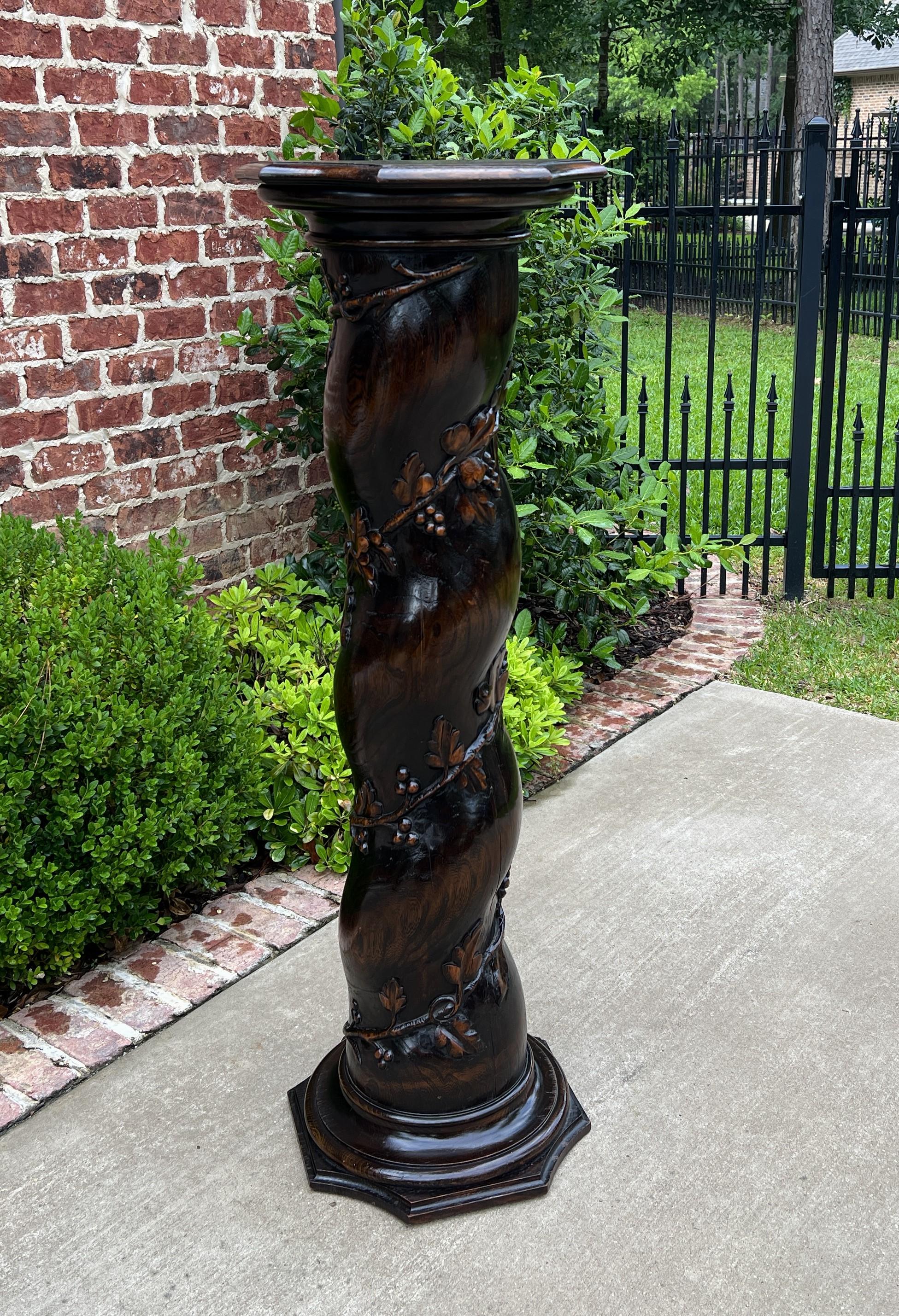 Carved Antique French Pedestal Plant Stand Barley Twist Grapevine Dark Oak T 19th C For Sale