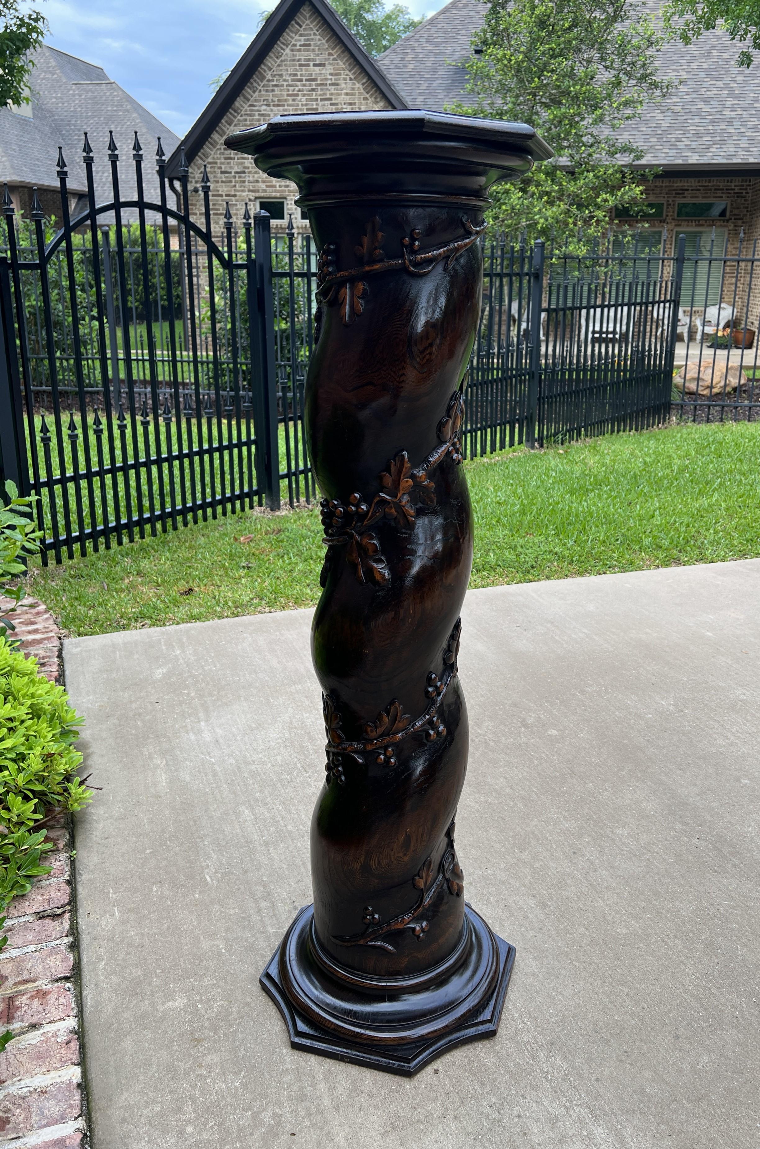19th Century Antique French Pedestal Plant Stand Barley Twist Grapevine Dark Oak T 19th C