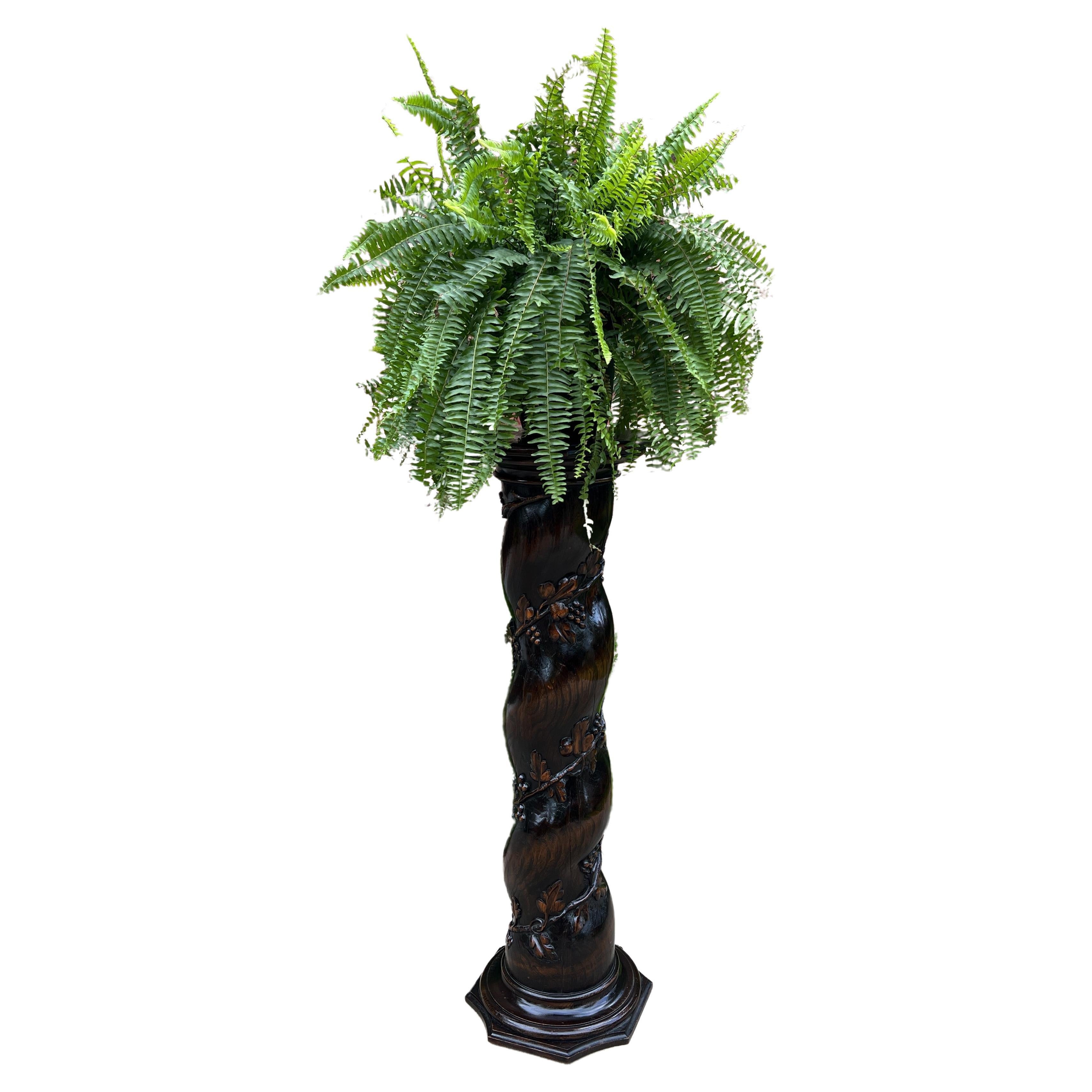 Antique French Pedestal Plant Stand Barley Twist Grapevine Dark Oak T 19th C For Sale