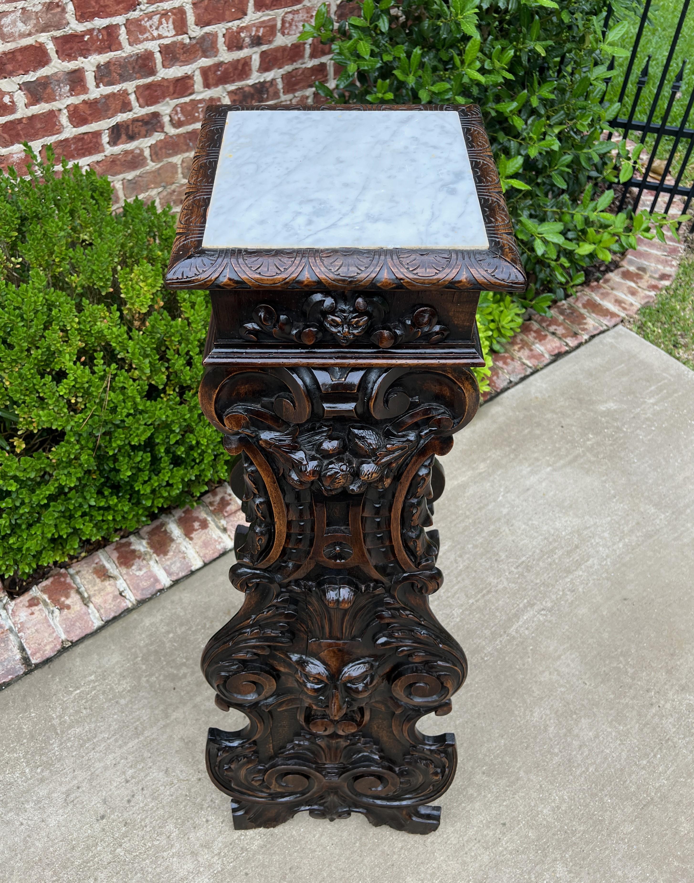 Antique French Pedestal Plant Stand Marble Top Carved Oak T Display Table For Sale 6