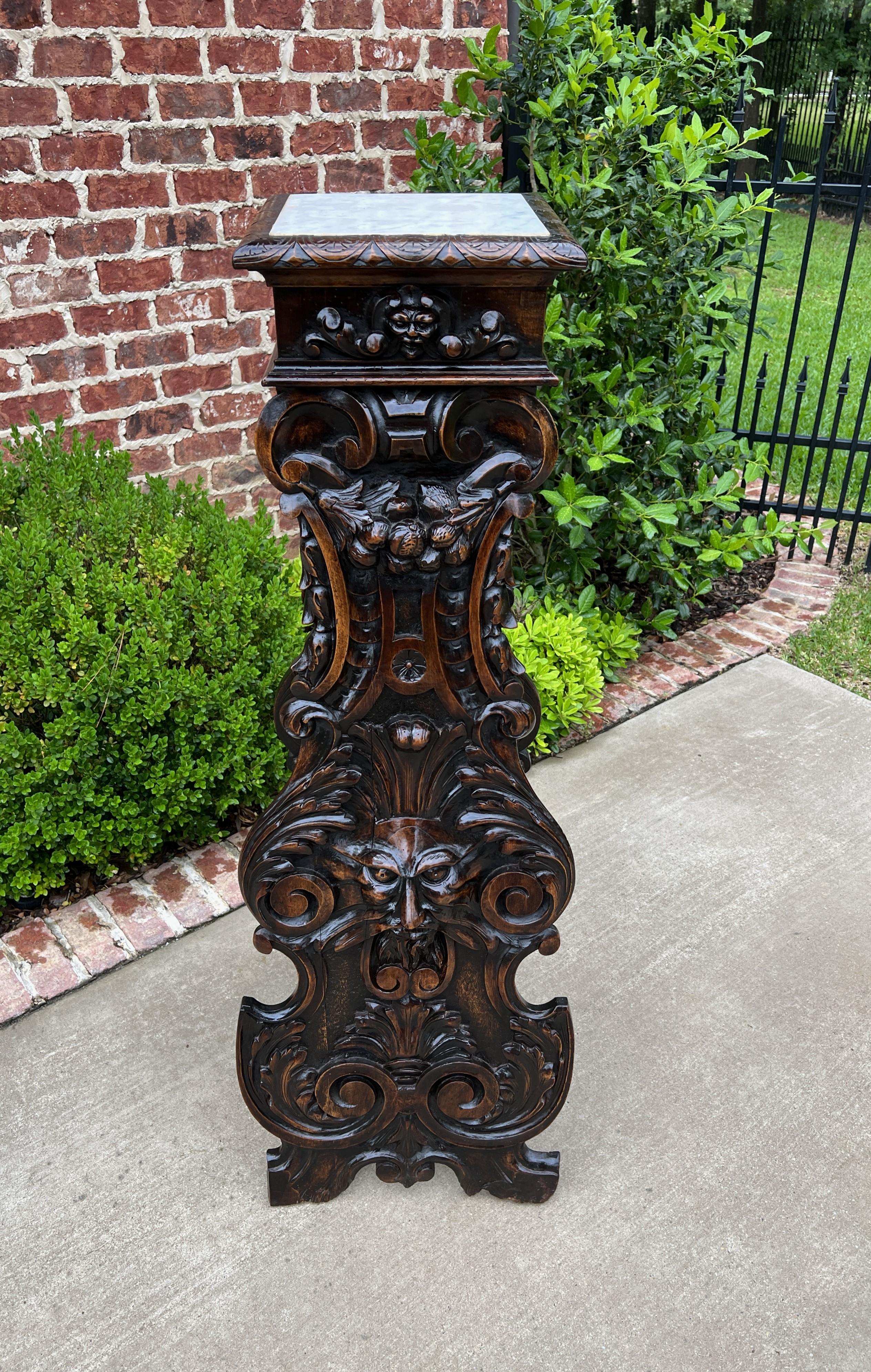 Antique French Pedestal Plant Stand Marble Top Carved Oak T Display Table For Sale 8