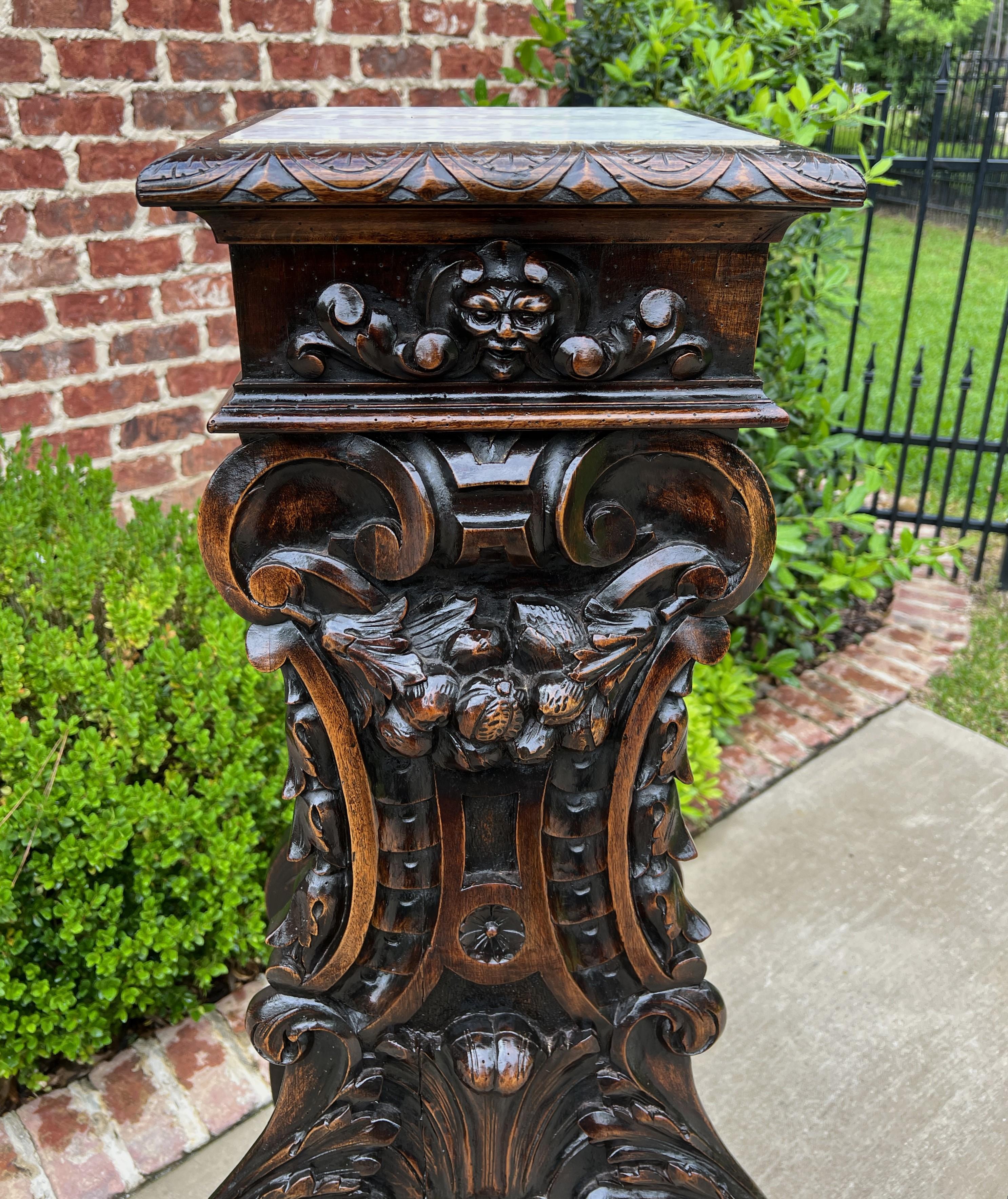 Antique French Pedestal Plant Stand Marble Top Carved Oak T Display Table For Sale 10