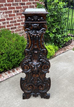 Antique French Pedestal Plant Stand Marble Top Carved Oak T Display Table
