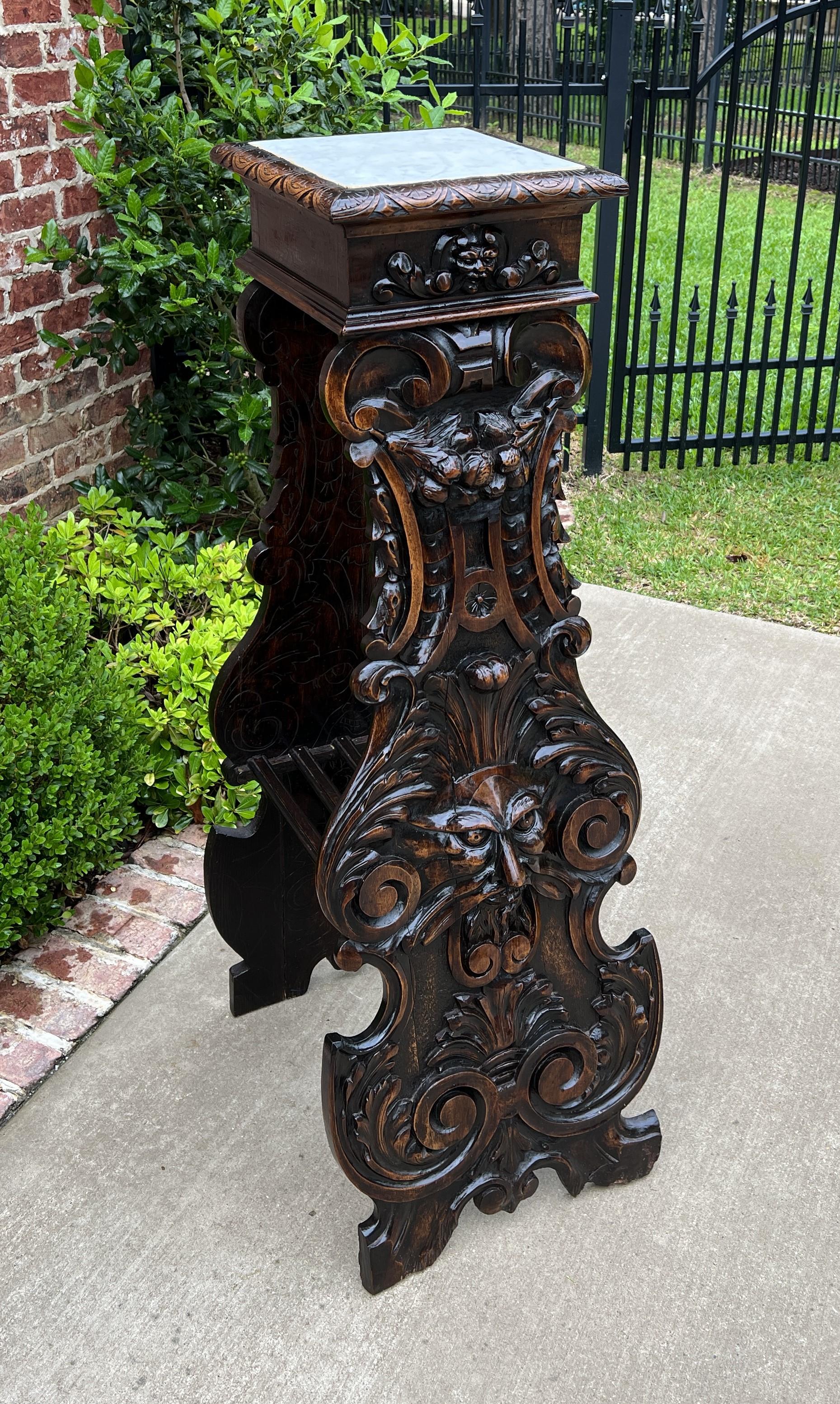 Renaissance Revival Antique French Pedestal Plant Stand Marble Top Carved Oak T Display Table For Sale