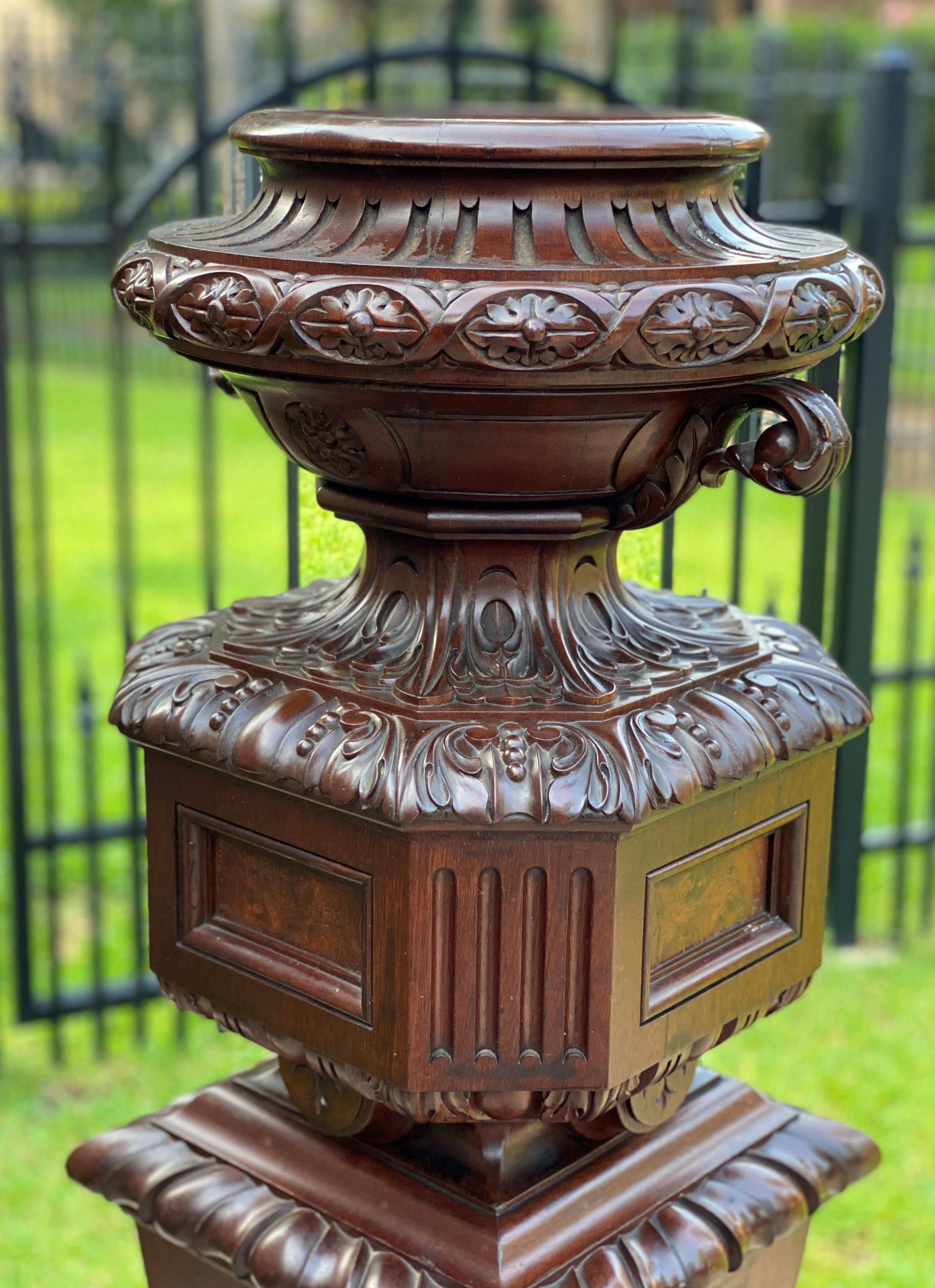 Antique French Pedestal Plant Stand Urn Planter Display Table Mahogany 19C 3
