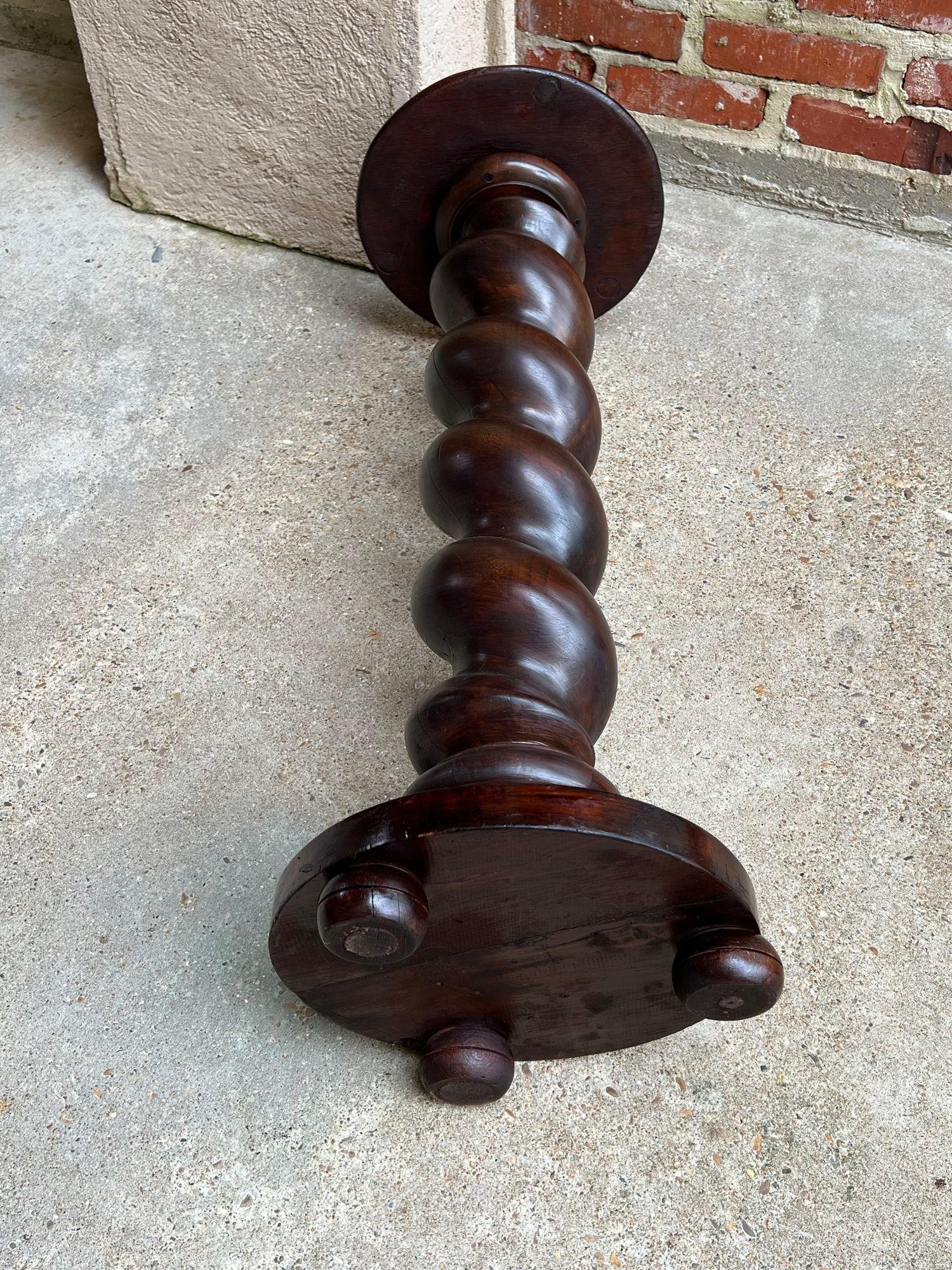 Antique French Pedestal Stand Barley Twist Carved Oak Round Plant Display Column 3