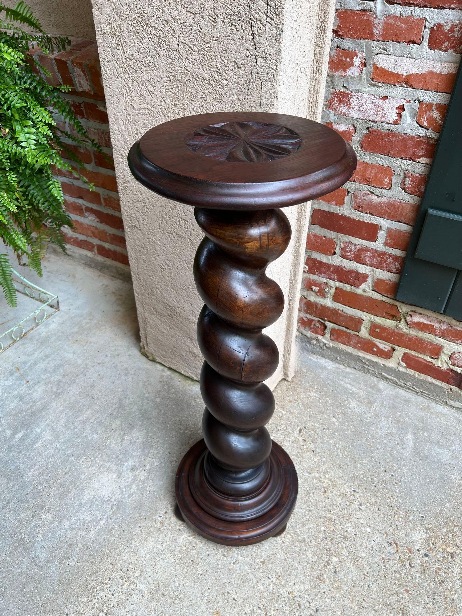 Antique French Pedestal Stand Barley Twist Carved Oak Round Plant Display Column 6