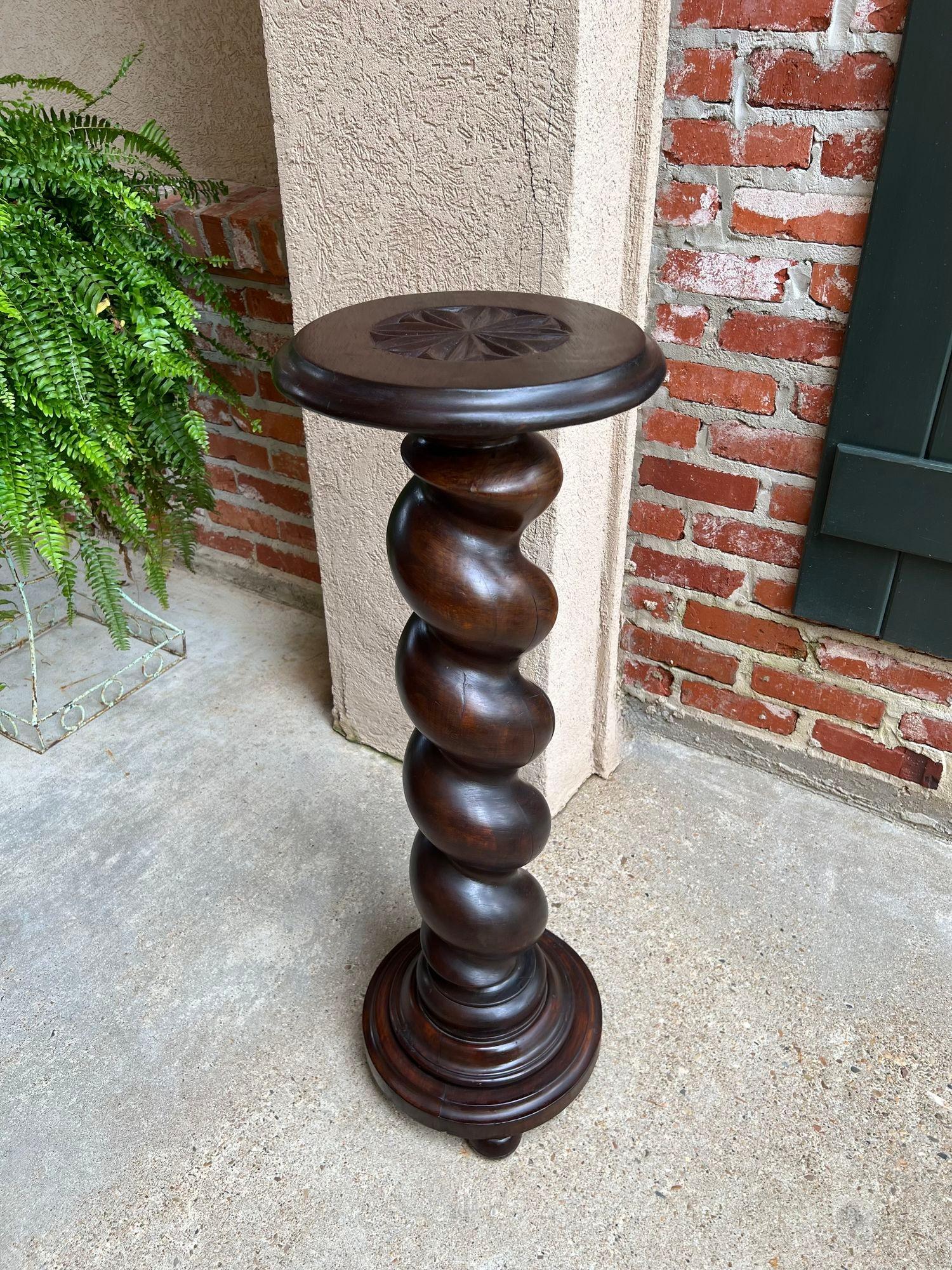 Antique French Pedestal Stand Barley Twist Carved Oak Round Plant Display Column 7