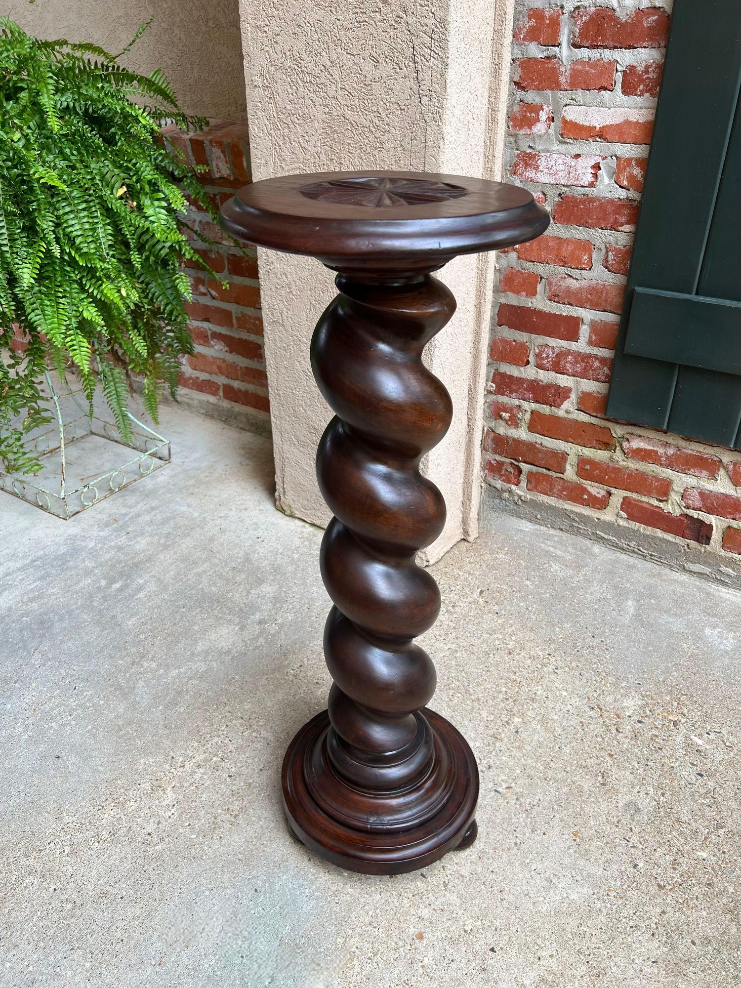 Antique French Pedestal Stand Barley Twist Carved Oak Round Plant Display Column 8