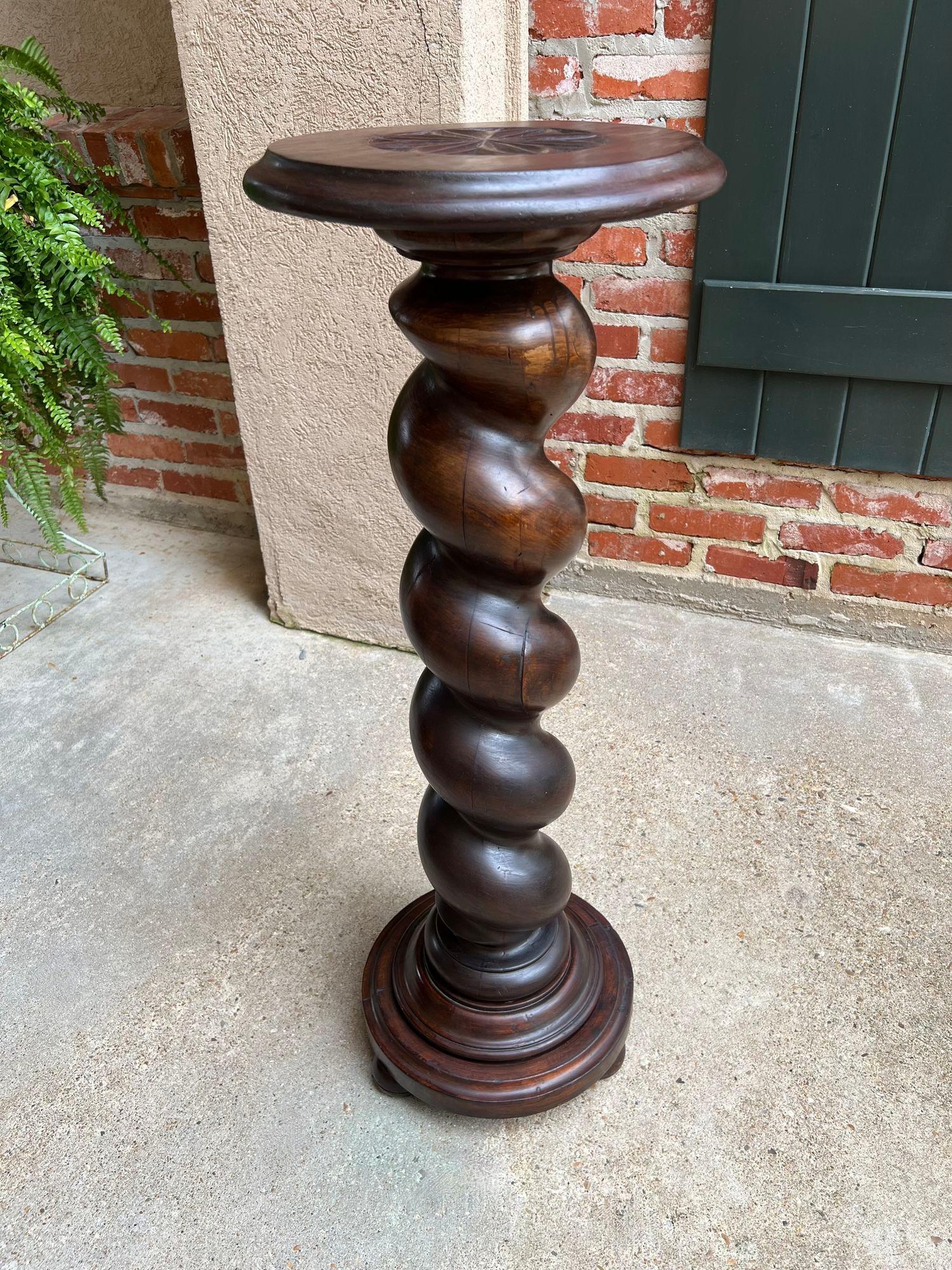 Antique French Pedestal Stand Barley Twist Carved Oak Round Plant Display Column 9