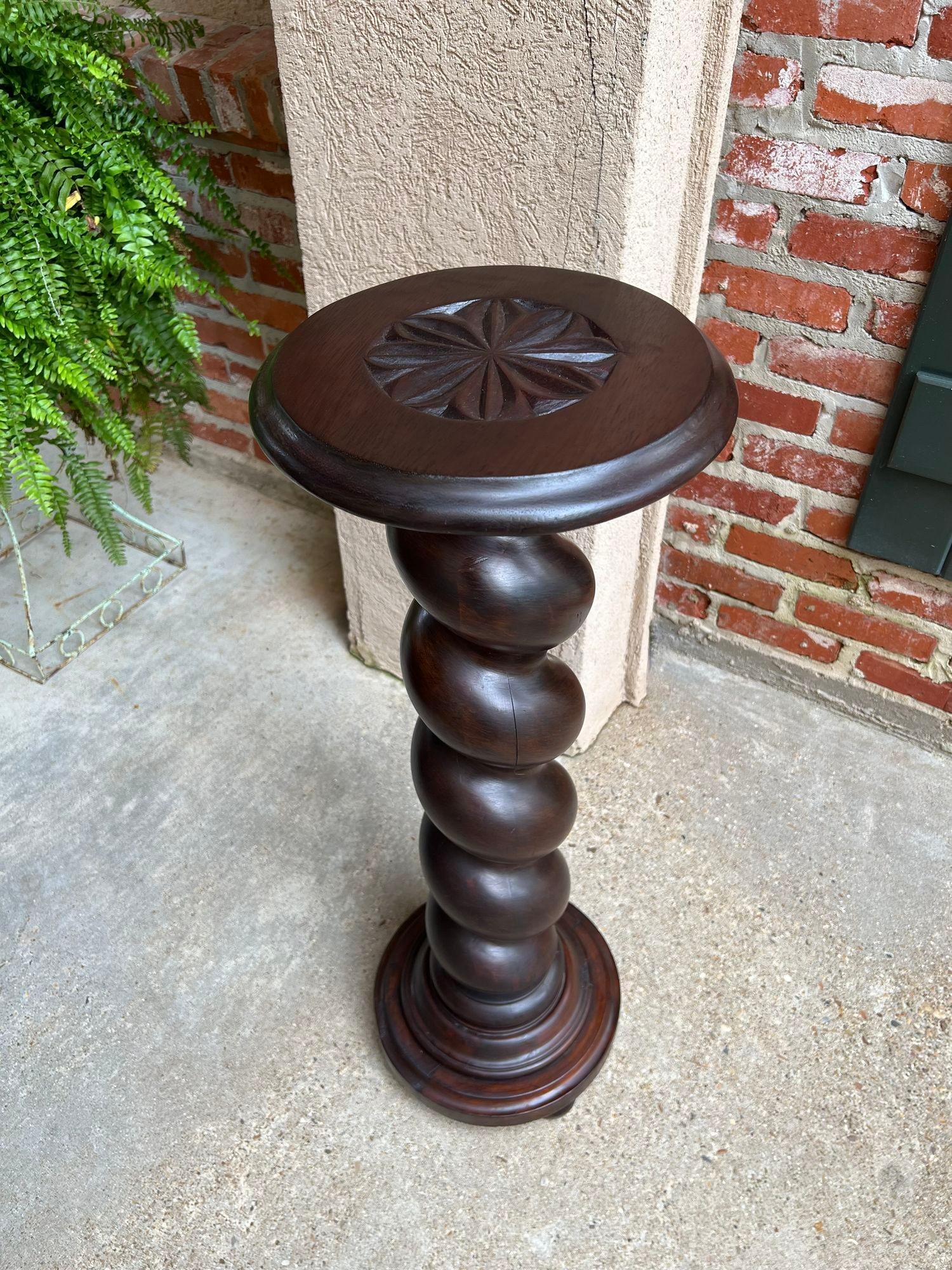 Antique French Pedestal Stand Barley Twist Carved Oak Round Plant Display Column 10