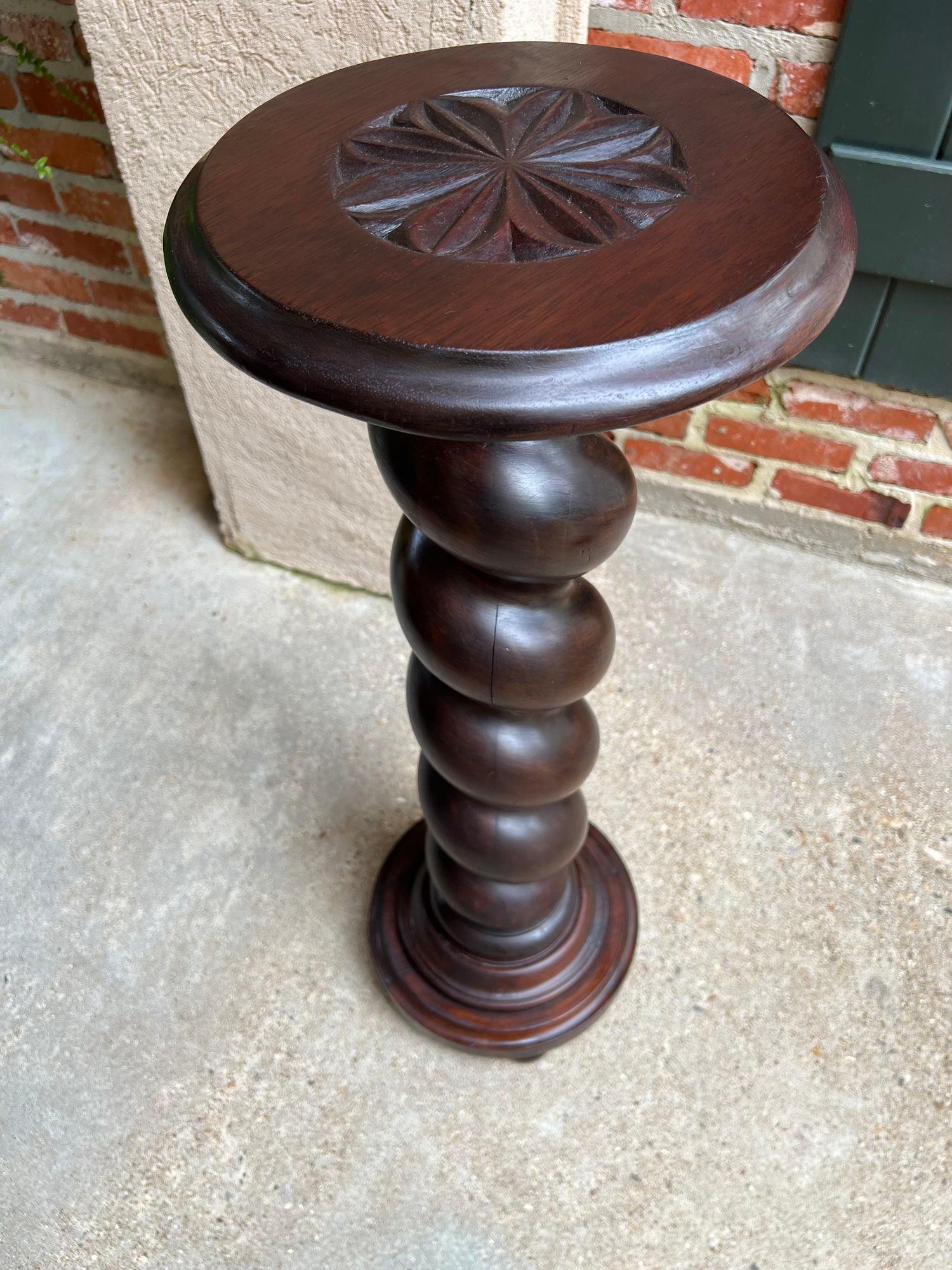 Antique French Pedestal Stand Barley Twist Carved Oak Round Plant Display Column 11