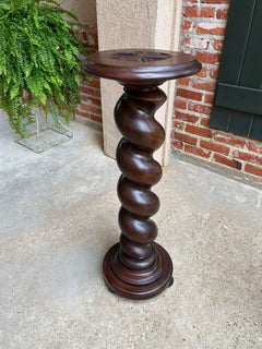 Antique French Pedestal Stand Barley Twist Carved Oak Round Plant Display Column